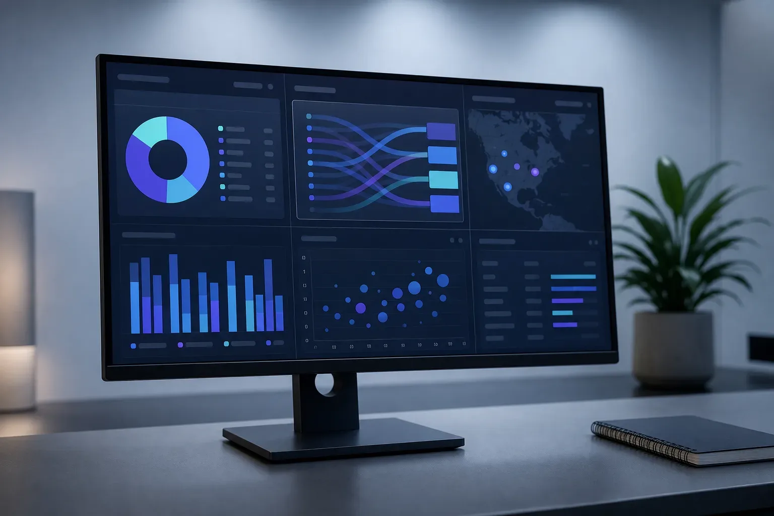 Monitor angled slightly toward camera displaying abstract platform dashboard panels showing contact-request routing by practice area and geography, a wide view with cool ambient light from above, no person in frame, the monitor positioned on a clean standing-desk surface with a closed spiral notebook to one side, the screen content entirely unreadable.