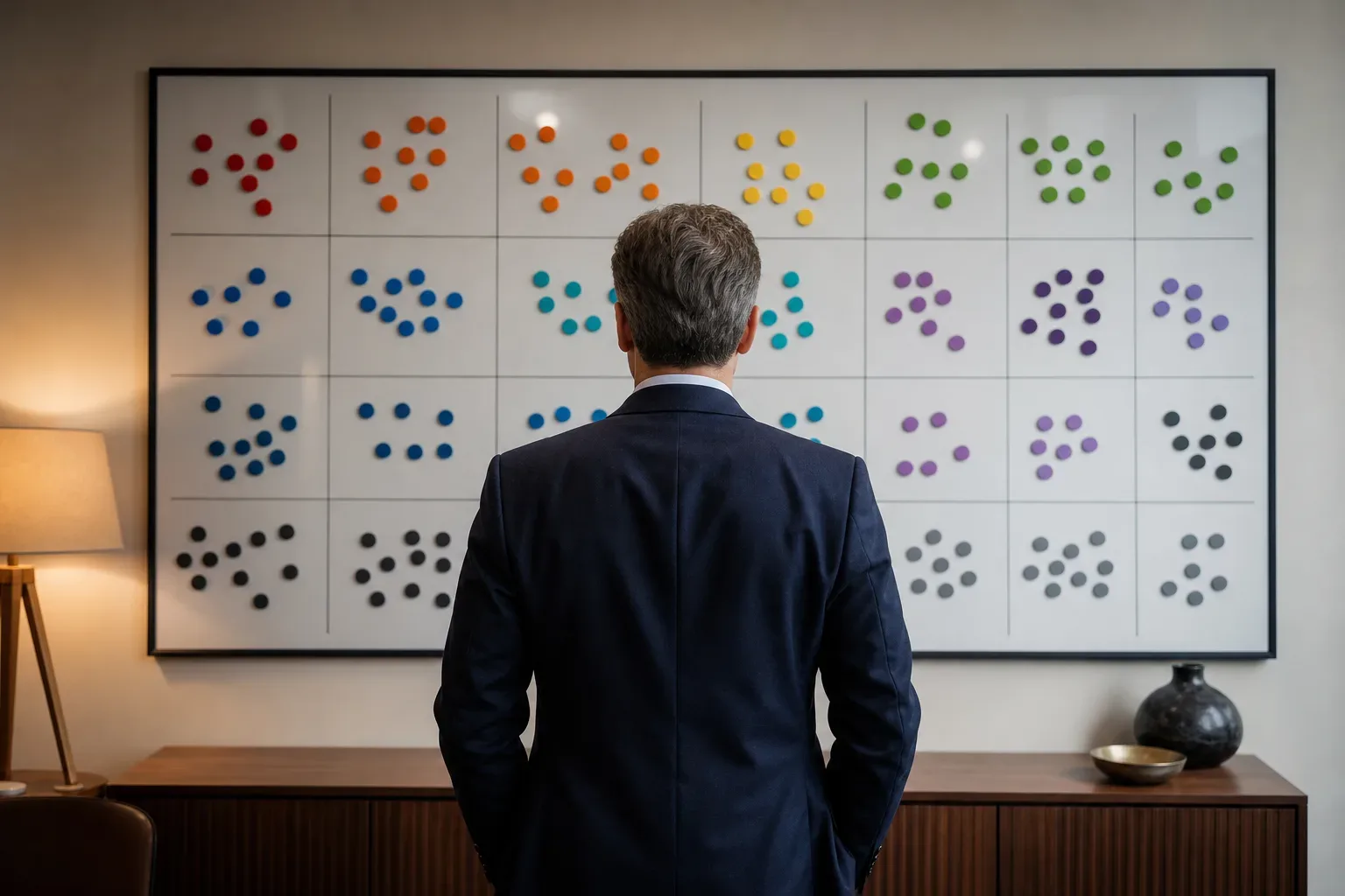 A large wall-mounted planning board with colour-coded magnetic markers grouped into cost-per-lead variable clusters by practice area and geographic market, a law firm partner seen from behind centred in warm lamp light, the board filling the wall behind the partner's figure, the markers at eye level.