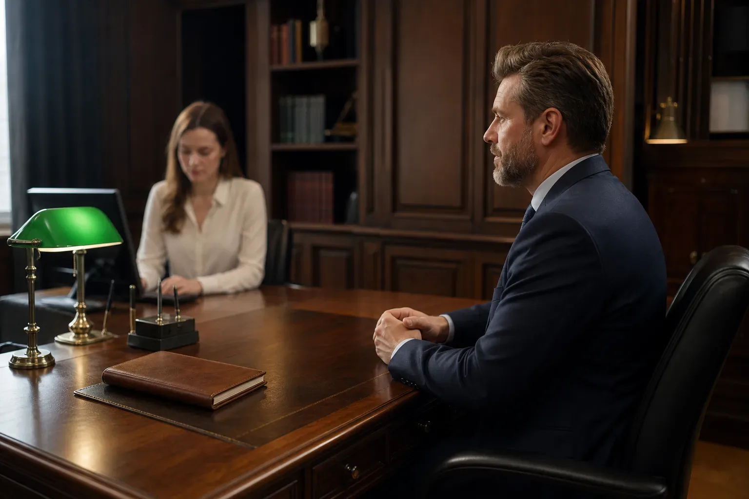 A heavy timber partner desk with a green-shaded lamp in a timber-panelled office, a law firm partner in soft side light at the mid distance in sharp focus, an office manager softly blurred in the background to one side of the desk, the closed leather notebook and pen stand on the surface between them.