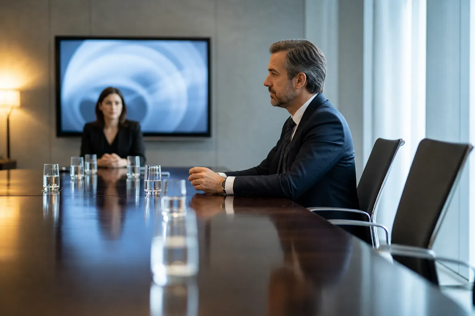 A long polished conference table set for a strategy session, water glasses arranged along its centre, a law firm partner in soft side light at the mid distance in sharp focus, a digital marketing strategist softly blurred at the far end of the table, the polished surface reflecting the side light.