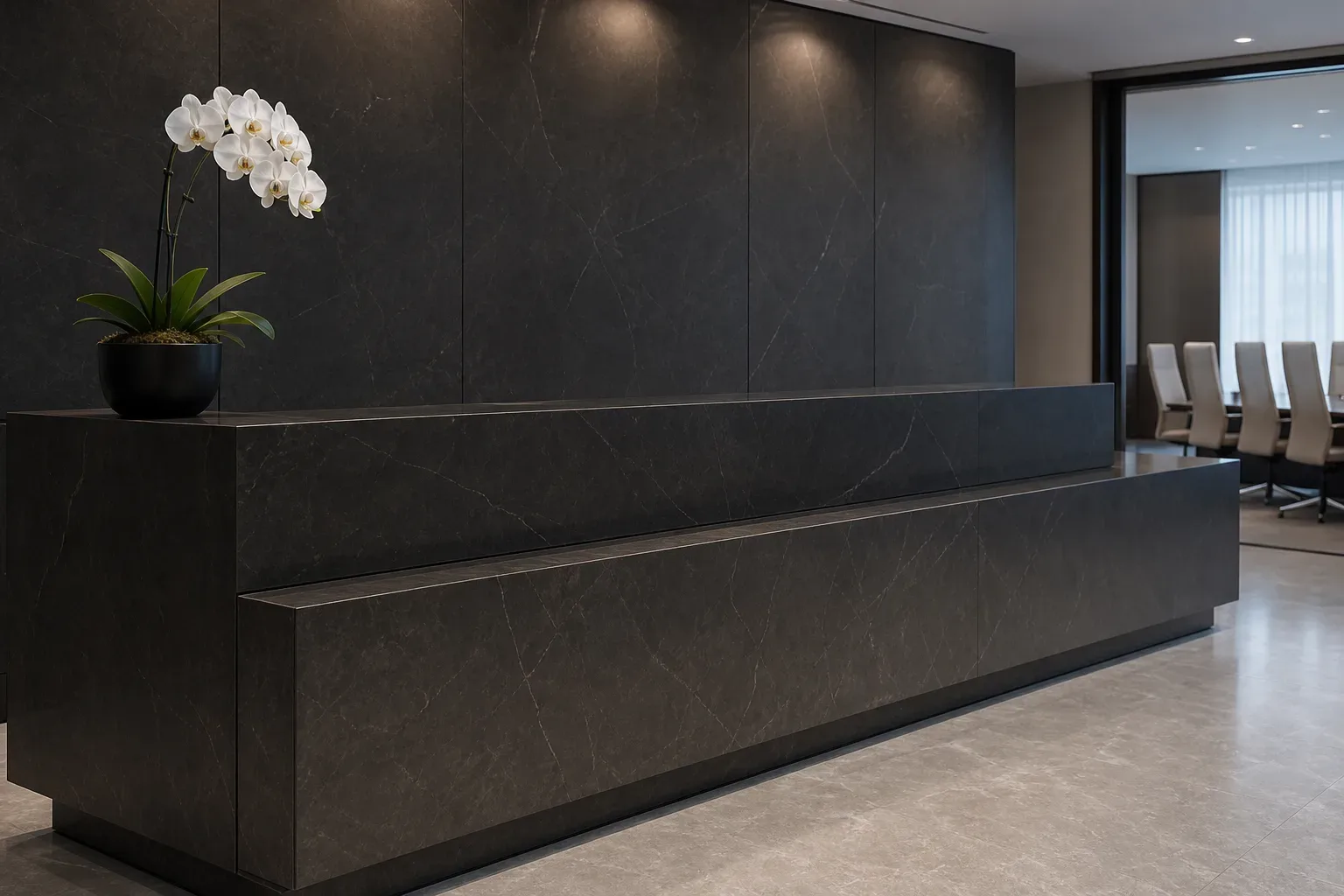 A sleek law firm reception counter in dark stone filling the frame in a wide view with cool ambient light from above, no person behind it, the stone surface bearing only a single orchid at the near end, a row of high-backed upholstered chairs visible through a doorway in the background.
