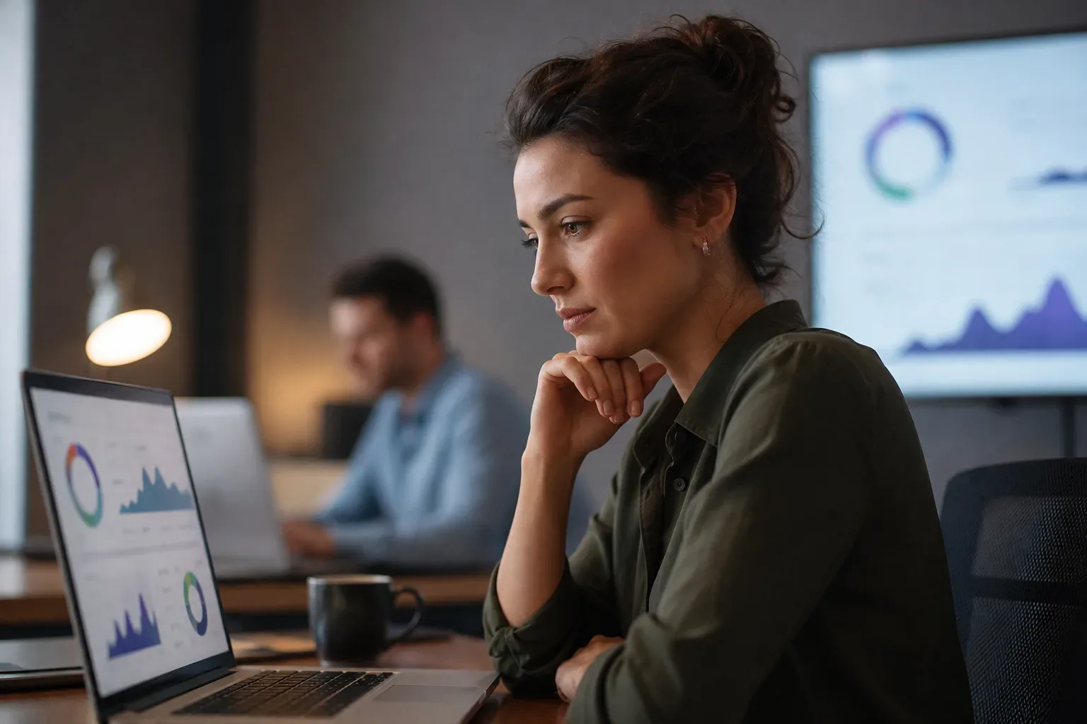 A half-open laptop with a blurred analytics interface glowing on its screen, a digital marketing strategist in soft side light in the mid distance in sharp focus, a second figure blurred behind, the screen showing abstract bounce-rate and cost-per-click panels.