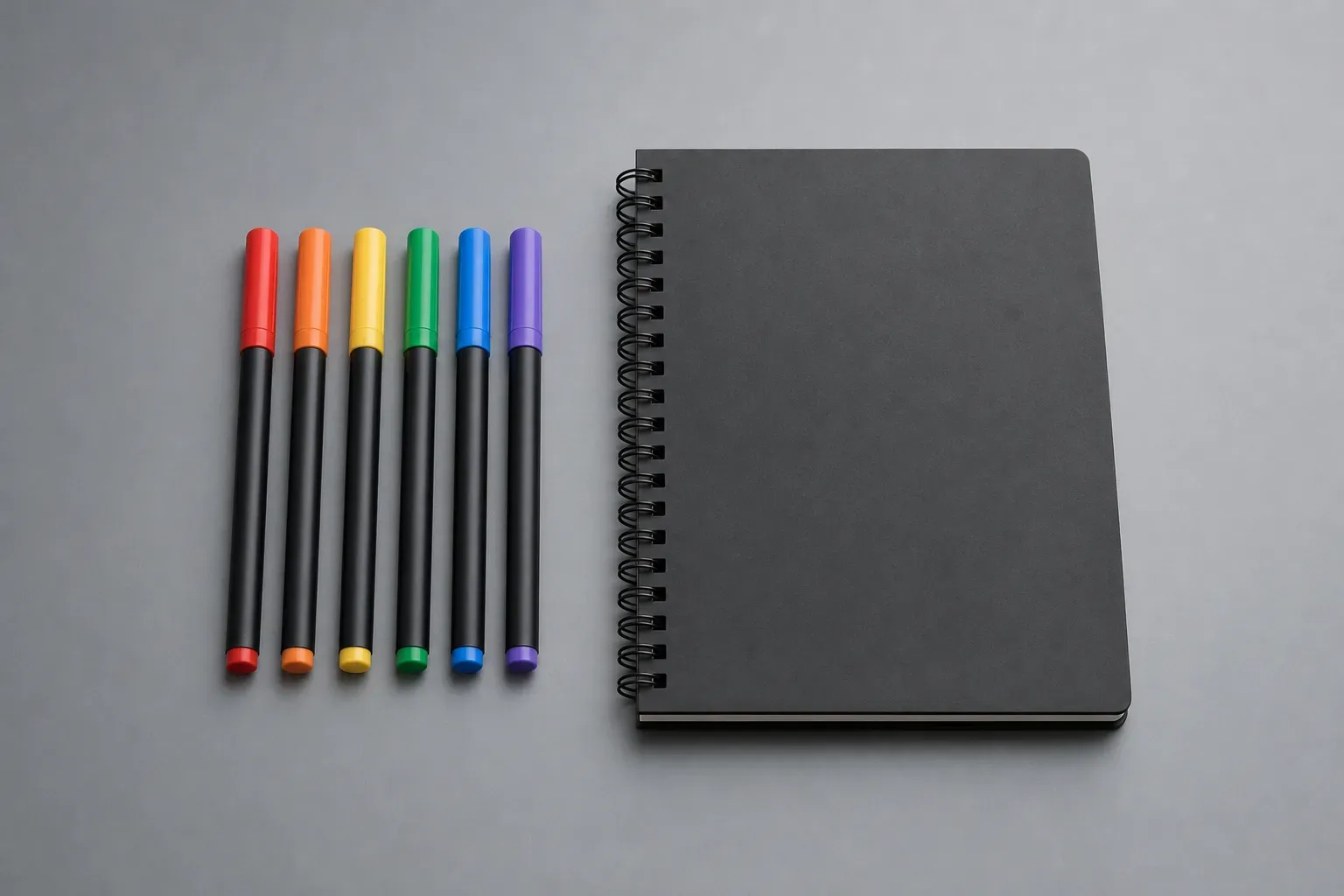 A set of capped markers lined up beside a closed spiral-bound planning pad on a clear work surface, a wide view with cool ambient light from above, no person visible, the markers and pad centred in the frame.