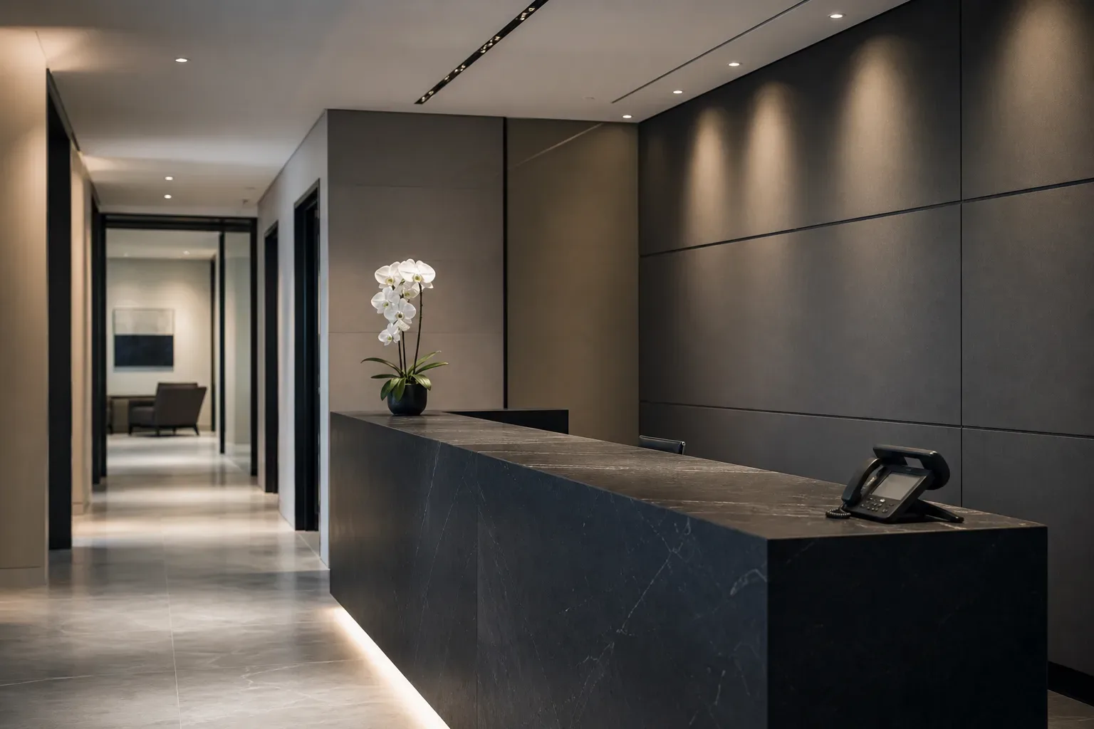 A sleek law firm reception counter in dark stone in a wide view with cool ambient light from above, no person present, a single orchid at the far end of the counter, a desk phone cradle visible at the near corner of the stone surface, the reception corridor empty behind it.