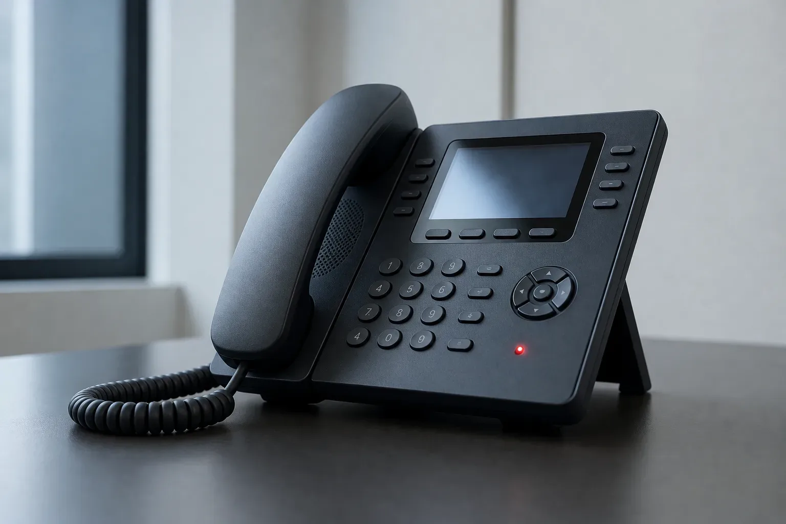 A desk phone with its handset resting in the cradle on a clear desk, shot from a low angle looking upward in calm even daylight, no person in frame, the blinking console light visible on the phone face.
