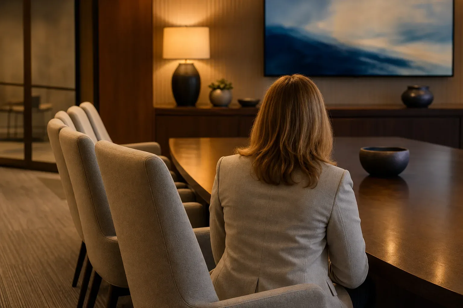 A row of high-backed upholstered chairs arranged along one side of a client meeting table, a content specialist seen from behind centred in warm lamp light, the chairs receding into the background.