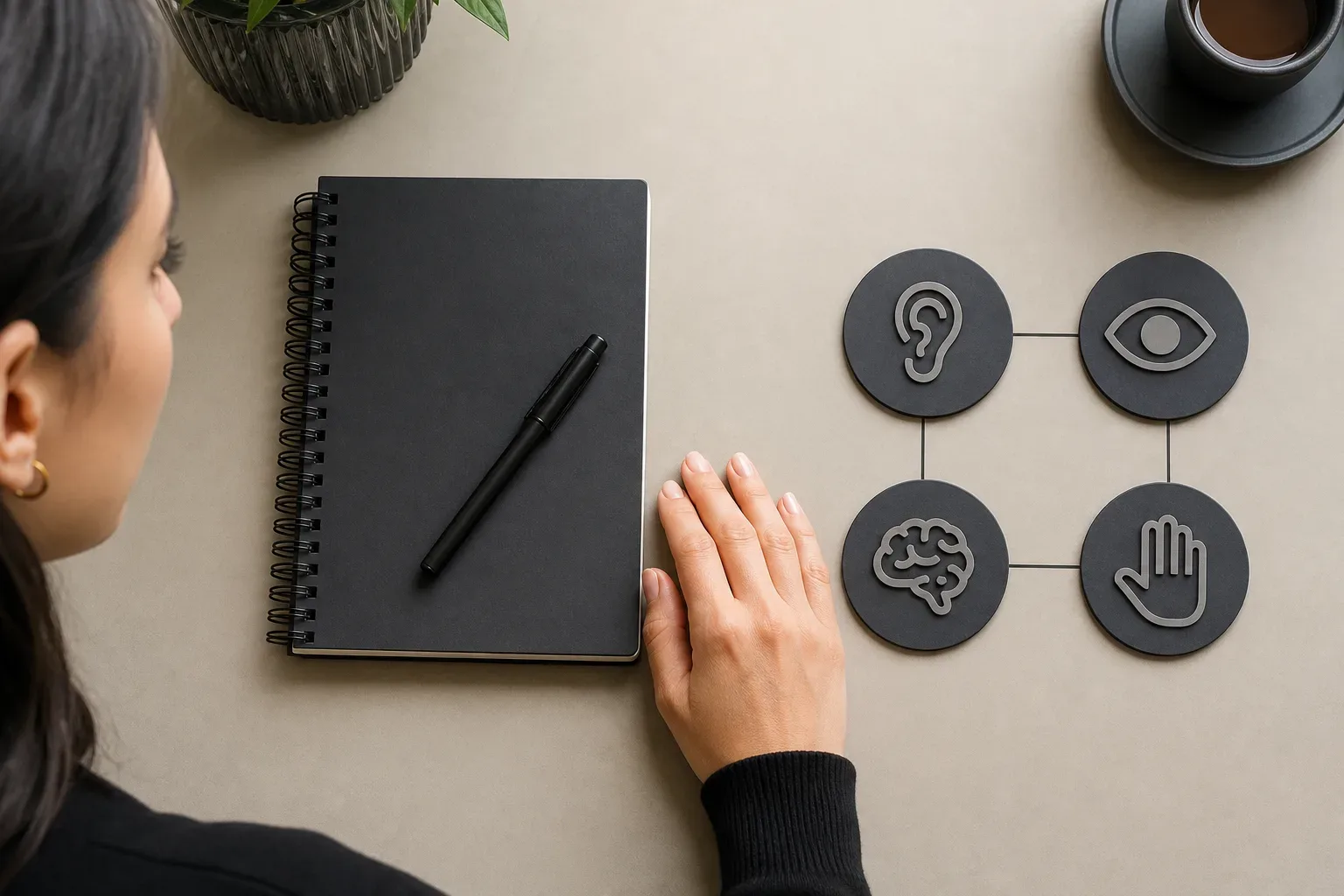 A person looks down at a desk holding a closed spiral notebook with a capped pen on its cover, one hand resting on the surface beside four connected dark circular icons depicting an ear, an eye, a brain and a hand