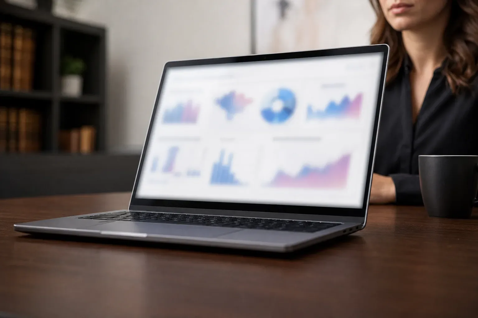 A half-open laptop with a blurred analytics interface glowing on its screen on a clear work surface, shot from a low angle looking upward in calm even daylight, a paralegal partially visible seated at the far side of the desk, the screen showing abstract accessibility lawsuit trend data panels, all content unreadable.