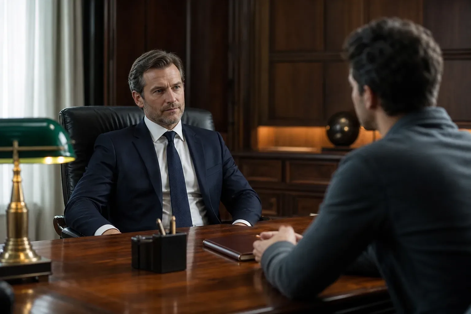 A heavy timber partner desk with a green-shaded lamp in a timber-panelled office, a law firm partner in soft side light at the mid distance in sharp focus, a digital marketing strategist softly blurred in the background across the desk, the pen stand and closed leather notebook between them on the surface.