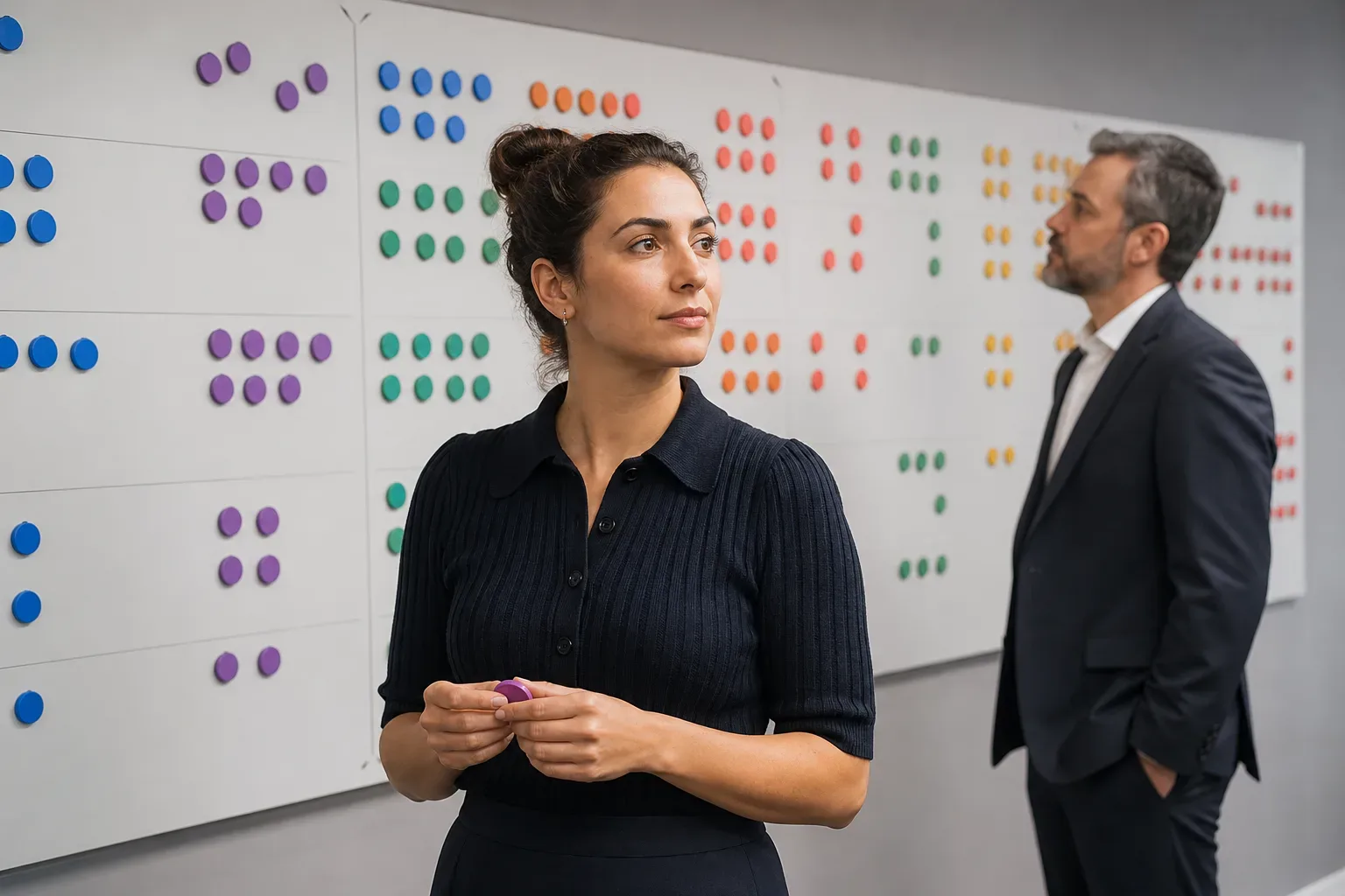 A large wall-mounted planning board with colour-coded magnetic markers organised in WCAG compliance scope clusters, a content specialist in soft side light at the mid distance in sharp focus, a law firm partner softly blurred in the background beside the board, the board filling the wall behind both figures.