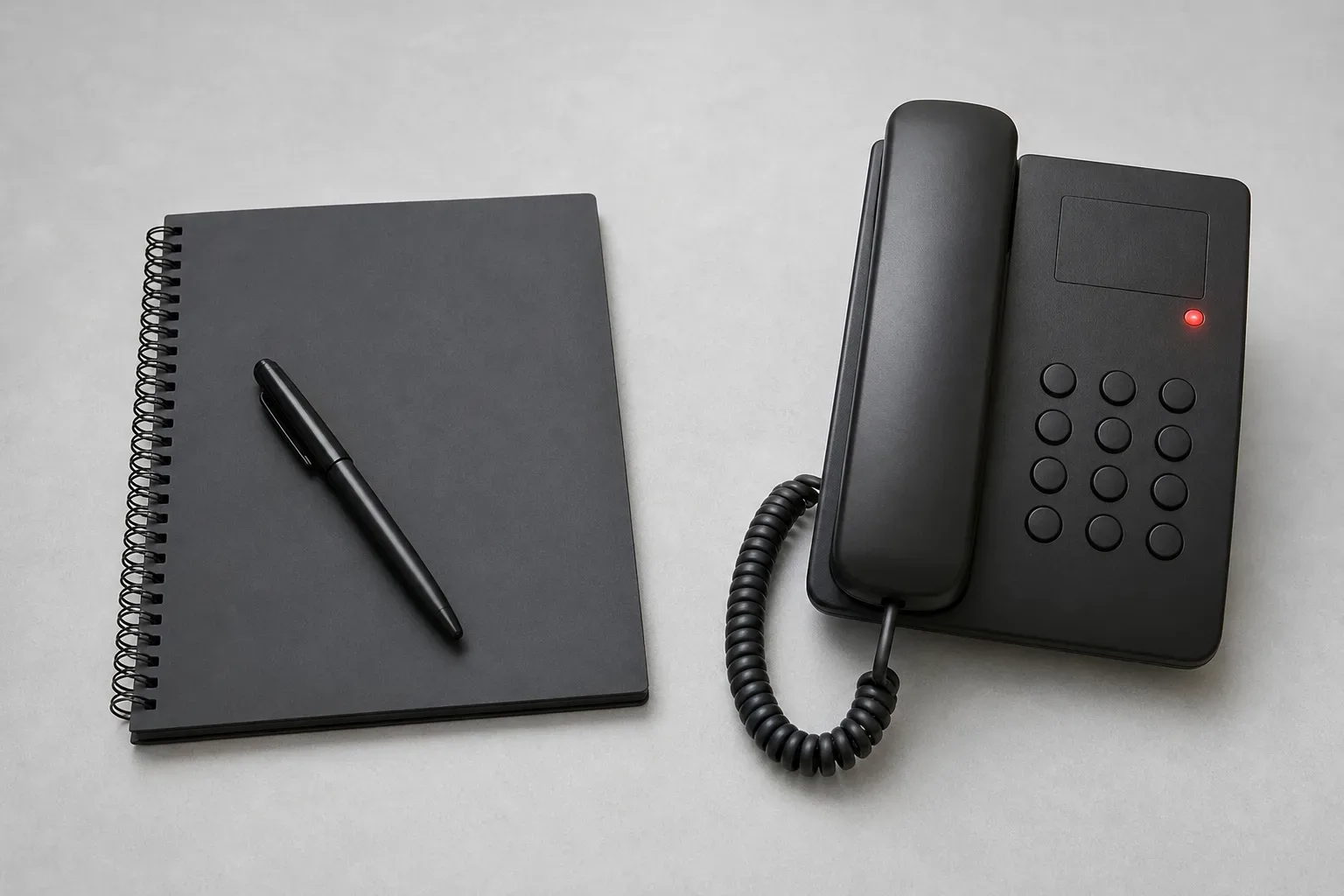 A closed spiral notebook with a capped pen resting across its cover on a clear work surface, seen from above in bright flat light, no person in frame, a desk phone with its handset in the cradle placed beside the notebook on the same surface, the blinking console light the only point of colour on the otherwise bare desk.