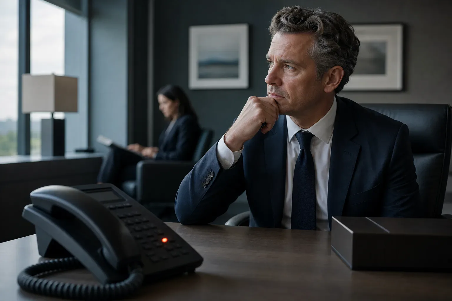 A desk phone with its handset resting in the cradle and a blinking light visible on the console, a law firm partner in soft side light at the mid distance in sharp focus, a second figure softly blurred in the background of the office, the phone console in the foreground catching the side light.