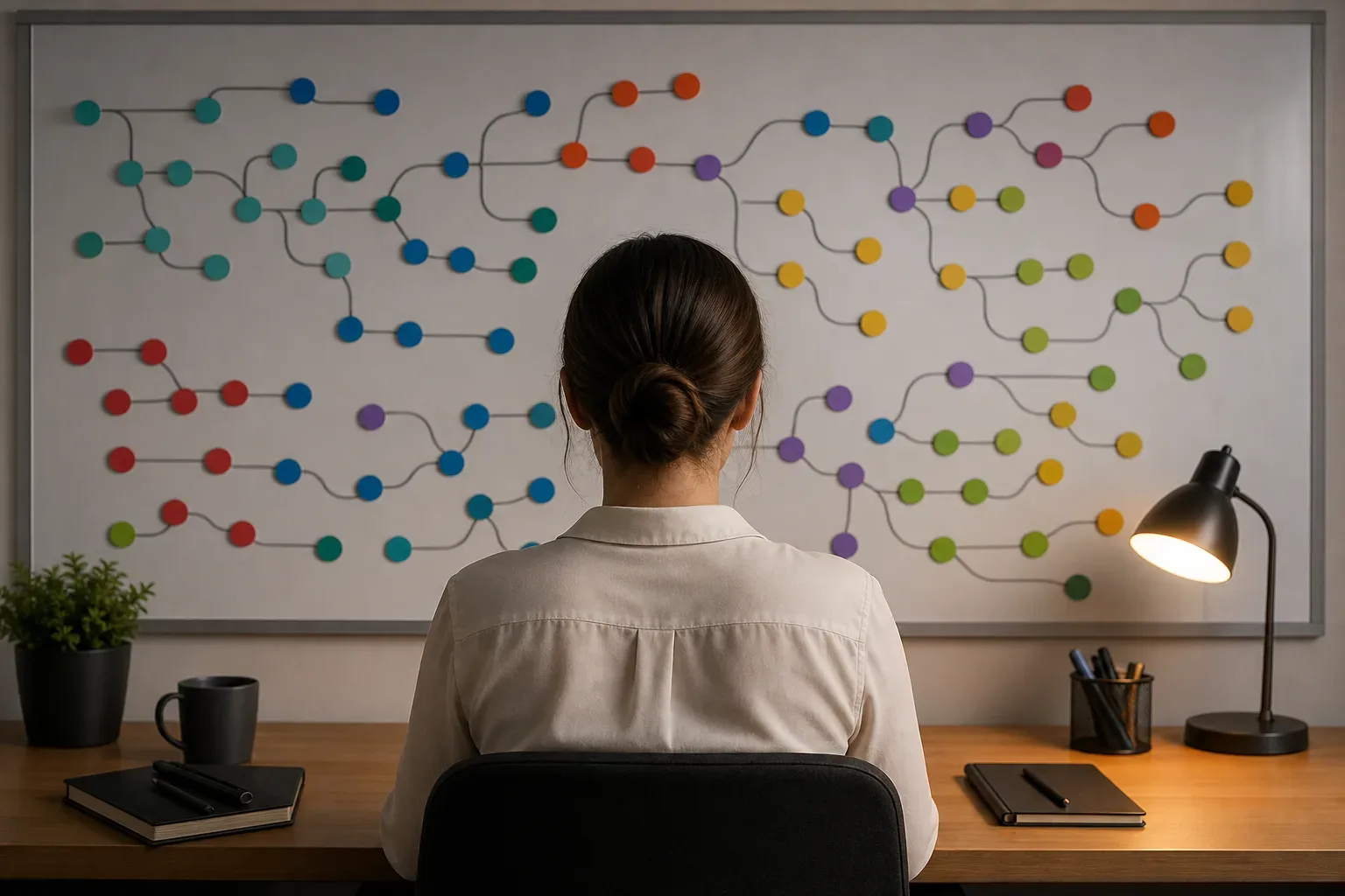 A large wall-mounted planning board with colour-coded magnetic markers laid out in live-chat response path clusters, a content specialist seen from behind centred in warm lamp light, the board filling the background.