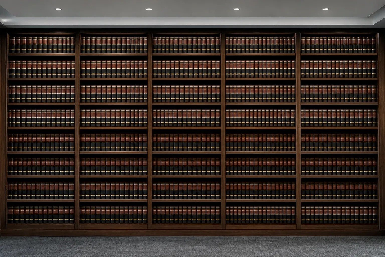 A floor-to-ceiling shelf of uniform bound law reports in a firm library, a wide view with cool ambient light from above, no person in frame, the volumes filling the frame from floor to ceiling in silence.