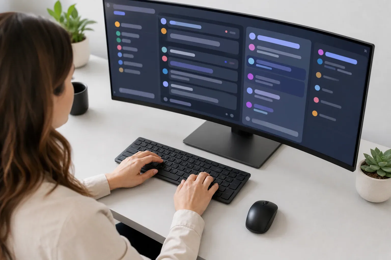 A wide monitor angled slightly toward camera displays abstract chat conversation panels, seen from above in bright flat light, a digital marketing strategist's hands at the keyboard below the screen, the on-screen content entirely unreadable.