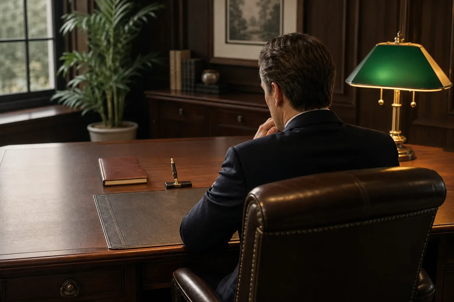 A heavy timber partner desk with a green-shaded lamp sits in a corner office, a law firm partner seen from behind centred in warm lamp light, the closed leather notebook and pen stand on the desk surface in front of them.