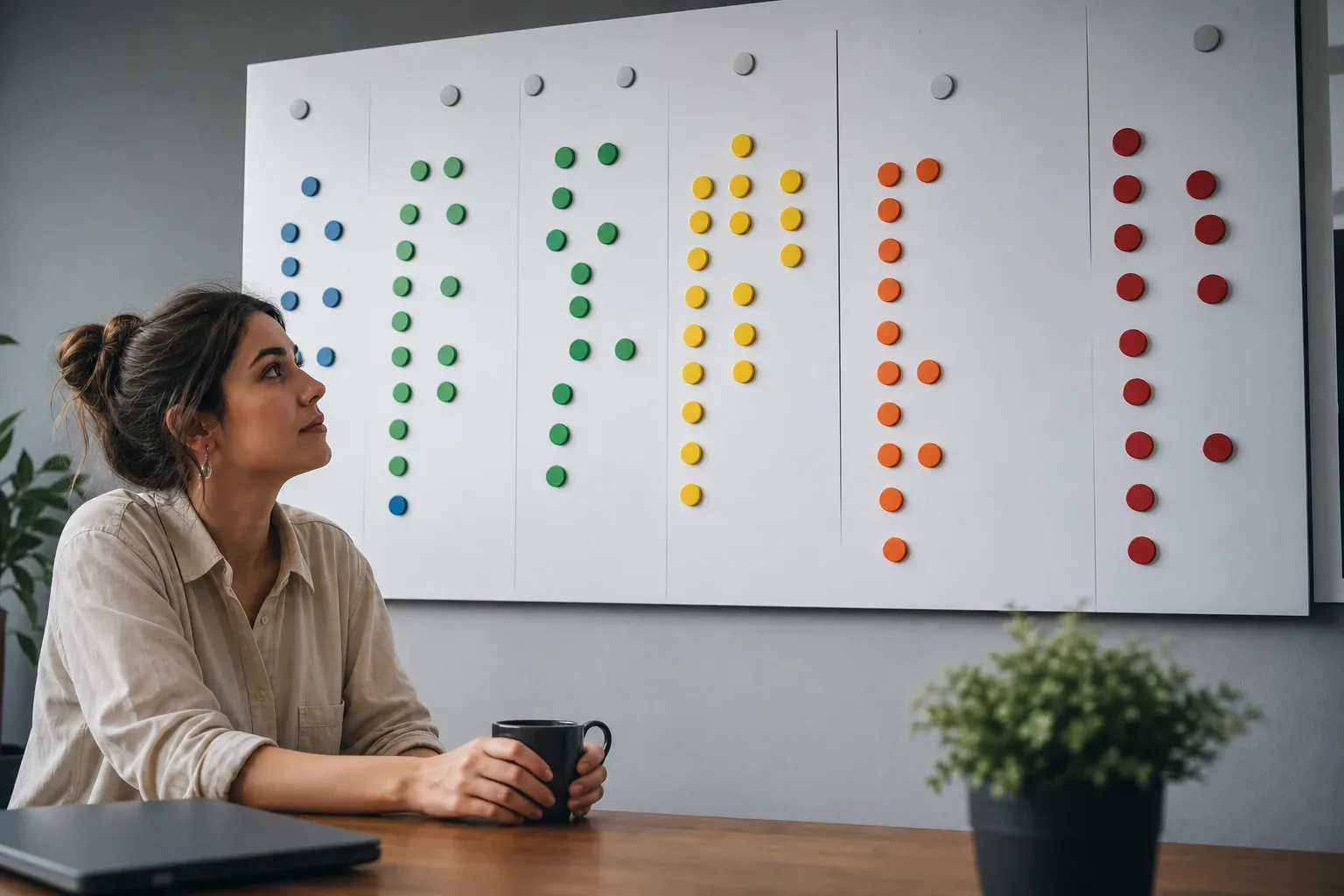 A large wall-mounted planning board with colour-coded magnetic markers fills the upper half of the frame, a marketing strategist seen from a low angle in calm even daylight, the board's clustered markers representing completeness checklist stages for a Google Business Profile.