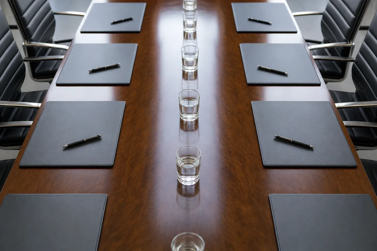 A long polished conference table set for a strategy session, water glasses along its centre, viewed in close-up overhead shot in soft diffuse lighting, no person present, the polished surface reflecting the diffuse light from above.