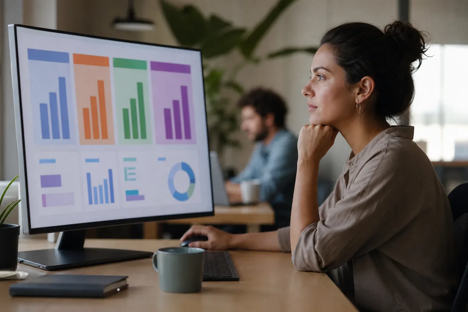 A wide monitor angled slightly toward camera displays abstract coloured bar charts representing local SEO investment tier panels, a digital marketing strategist in soft side light in the mid distance with a second blurred figure behind, the screen content entirely unreadable.