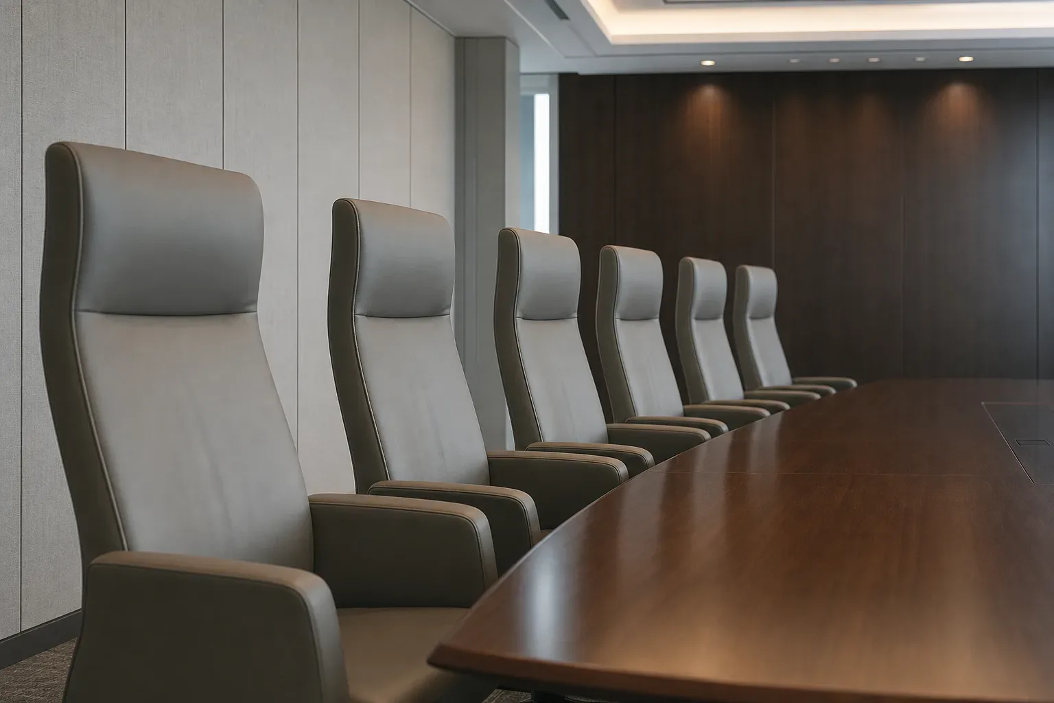 A row of high-backed upholstered chairs along one side of a client meeting table fills the frame in a wide view, cool ambient light from above, the chairs evenly spaced and the room entirely empty.