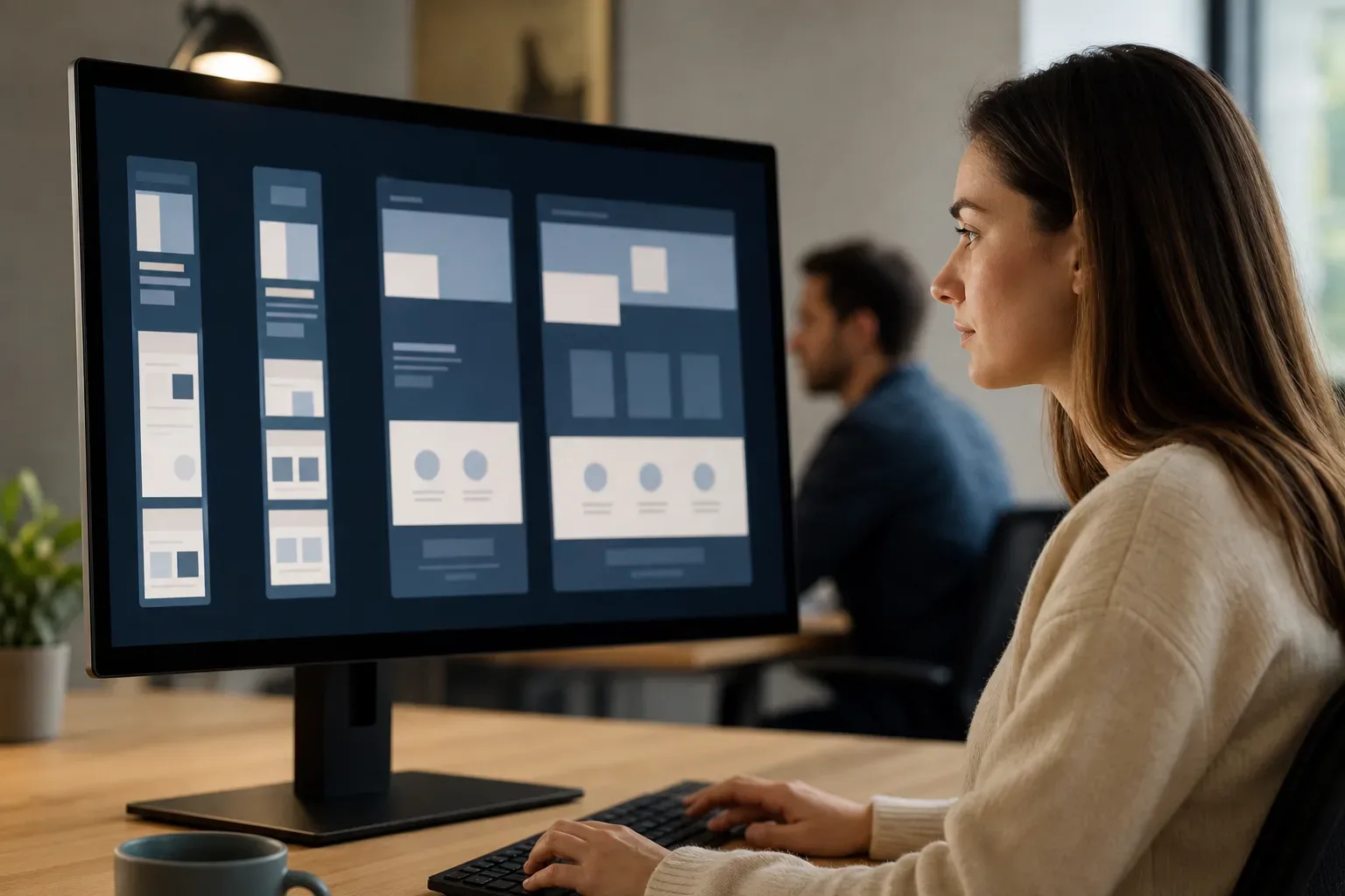A wide monitor angled slightly toward camera displaying abstract responsive layout panels showing element spacing adjustments for a mobile-first law firm site, a mid shot with a content specialist in soft side light in sharp focus at one side and a second figure softly blurred in the background, the screen content entirely unreadable.