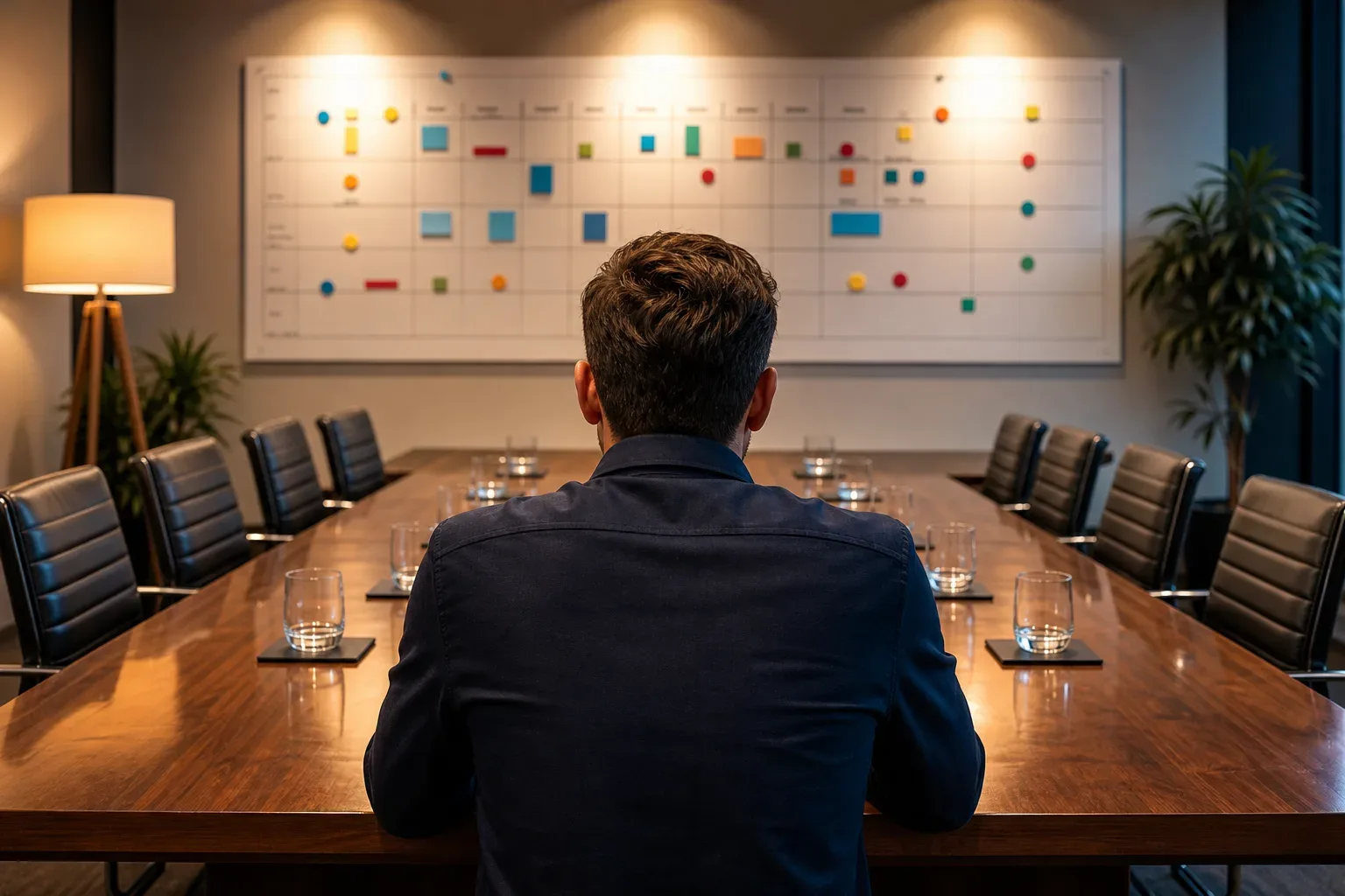 A long polished conference table set for a strategy session, water glasses arranged along its centre, an SEO specialist seen from behind centred in warm lamp light, the table receding into the background, a large wall-mounted planning board with colour-coded magnetic markers visible on the far wall behind the table.
