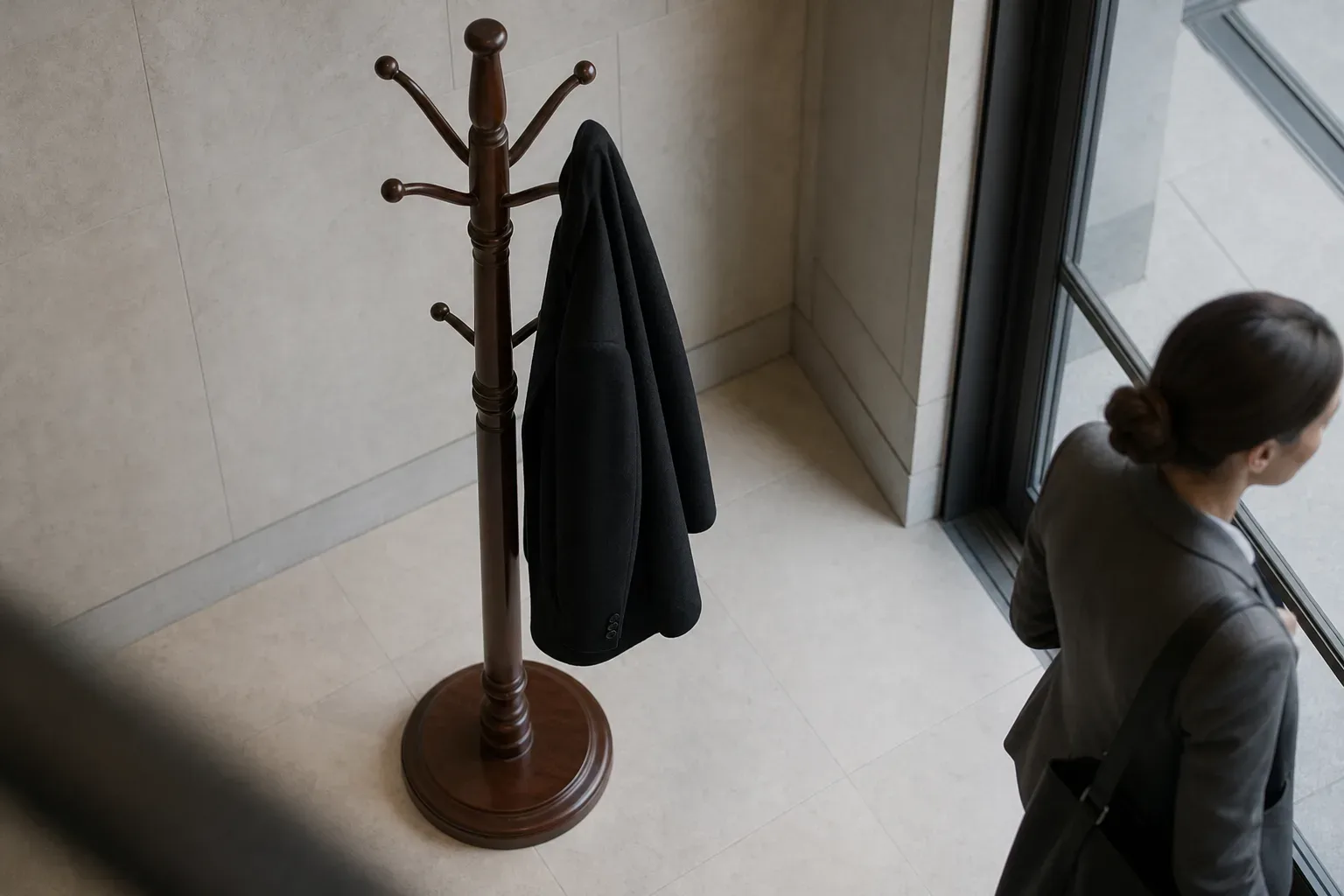 A tall wooden coat stand near a firm entrance with a single dark overcoat hanging from it, seen from above in bright flat light, a paralegal visible at the edge of the frame near the entrance, the coat stand in sharp focus.