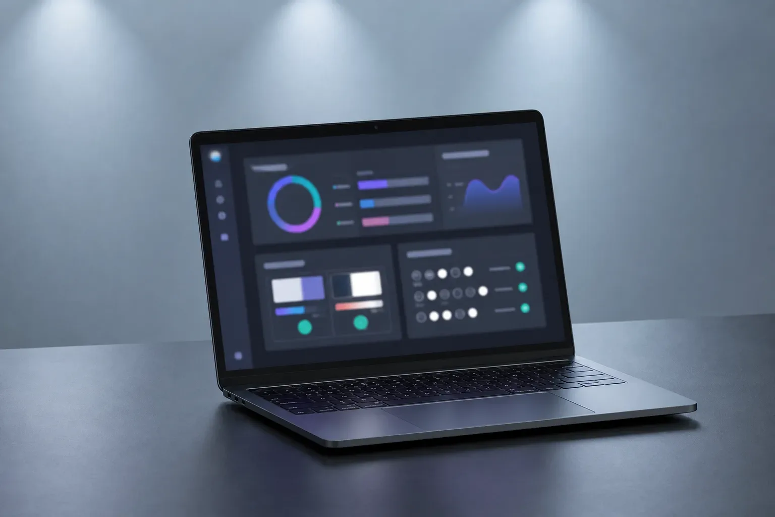 A half-open laptop with a blurred analytics interface glowing on its screen on a clear work surface, a wide view with cool ambient light from above, no person in frame, the screen showing abstract colour-contrast and tap-target spacing audit panels confirming WCAG Level AA results, the laptop angled slightly toward the light source.