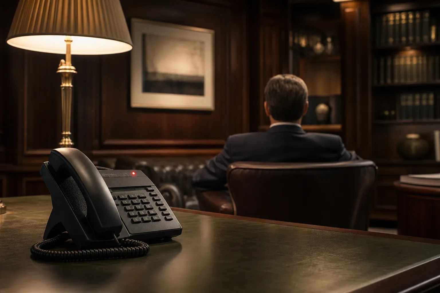 A desk phone with its handset resting in the cradle and a blinking light visible on the console, a law firm partner seen from behind centred in warm lamp light, the phone in the foreground of a timber-panelled office, the partner's figure receding toward the far wall.
