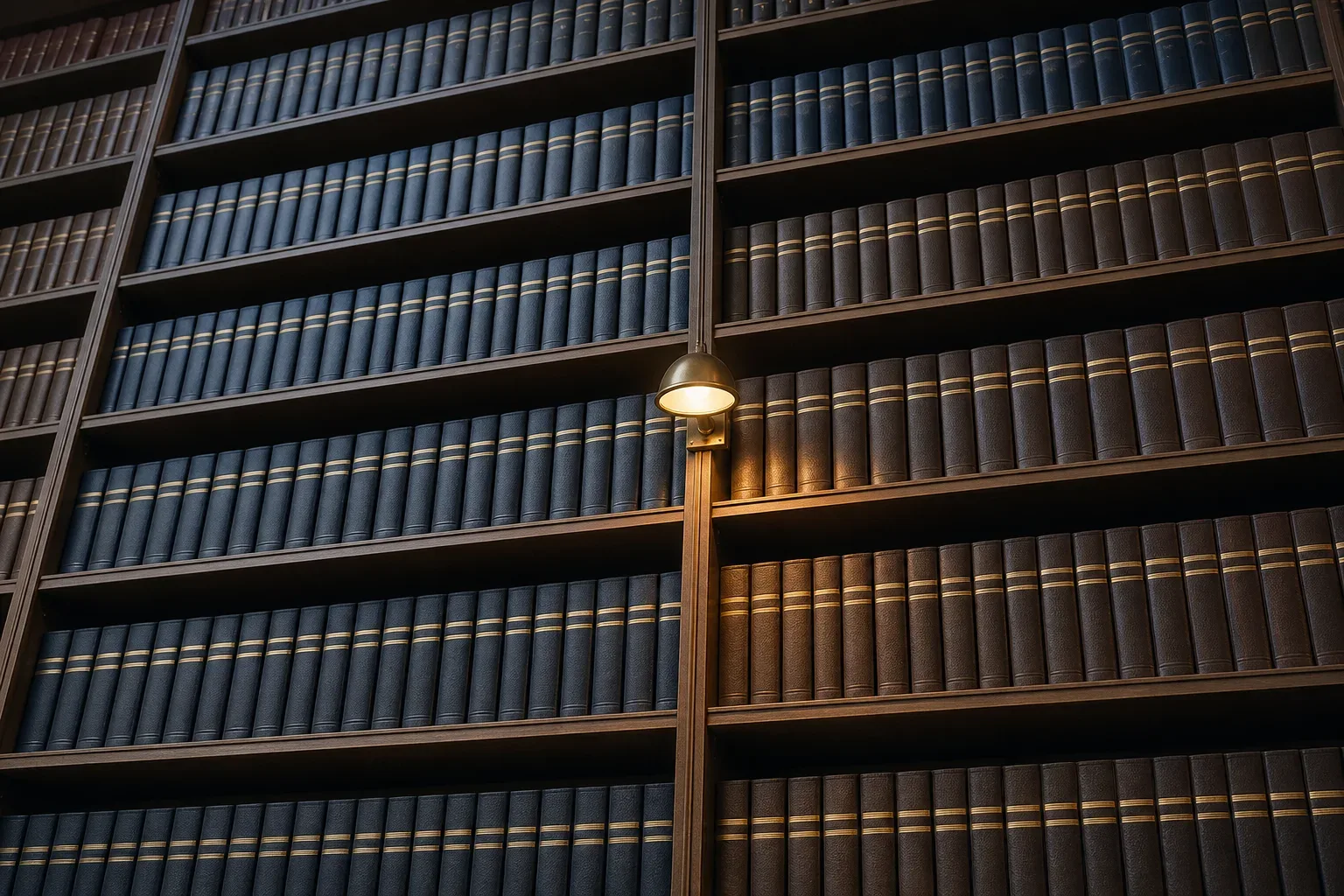 A floor-to-ceiling shelf of uniform bound law reports filling the frame, spines facing outward in silence, shot from a low angle looking upward in calm even daylight with no person present, a small reading lamp casting a warm glow from a shelf bracket at mid-height.