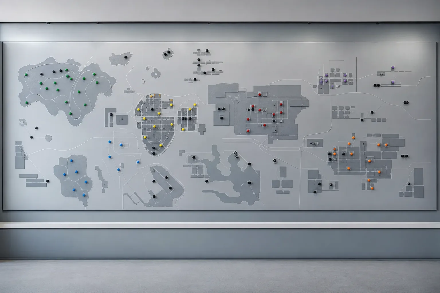 A large wall-mounted planning board with colour-coded magnetic markers laid out in deliberate site-architecture clusters, a wide view with cool ambient light from above, no person in frame, the board filling the wall from edge to edge in an empty agency room.