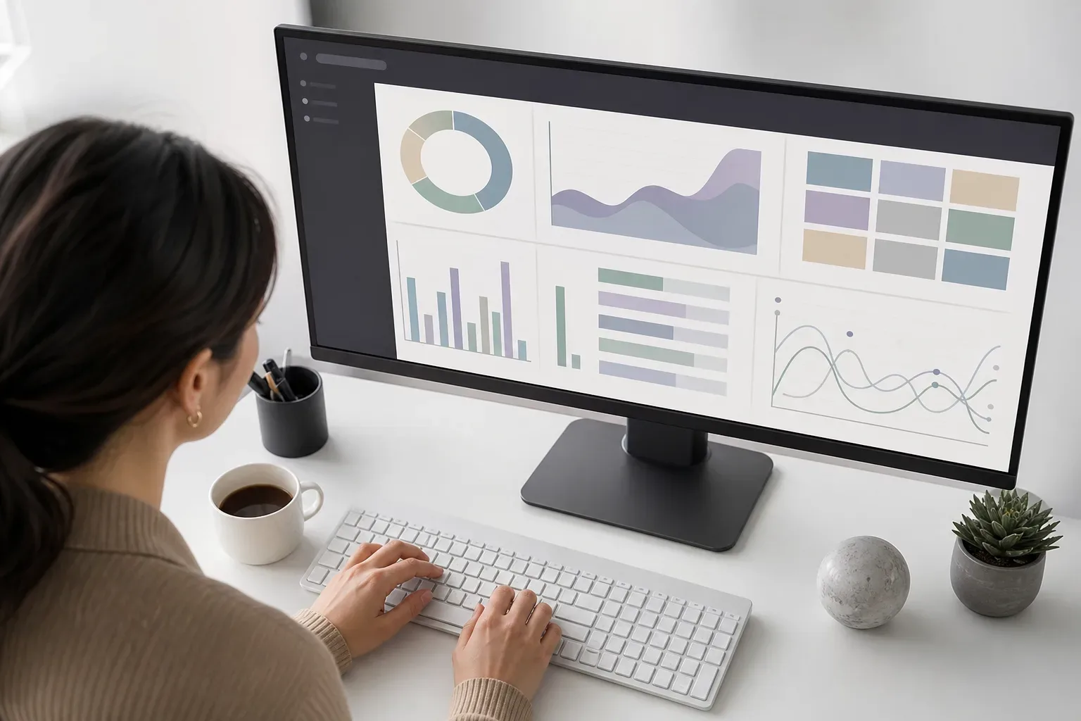 A wide monitor angled slightly toward camera, its screen showing abstract structured data panels in muted colours, seen from above in bright flat light with a digital marketing strategist's hands resting on the keyboard below, the on-screen content entirely unreadable.