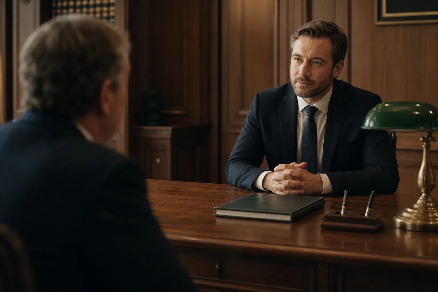 A heavy timber partner desk with a green-shaded lamp in a panelled office, a law firm partner in soft side light at the mid distance in sharp focus, a second figure softly blurred in the background across the desk, the closed leather notebook and pen stand on the surface between them.