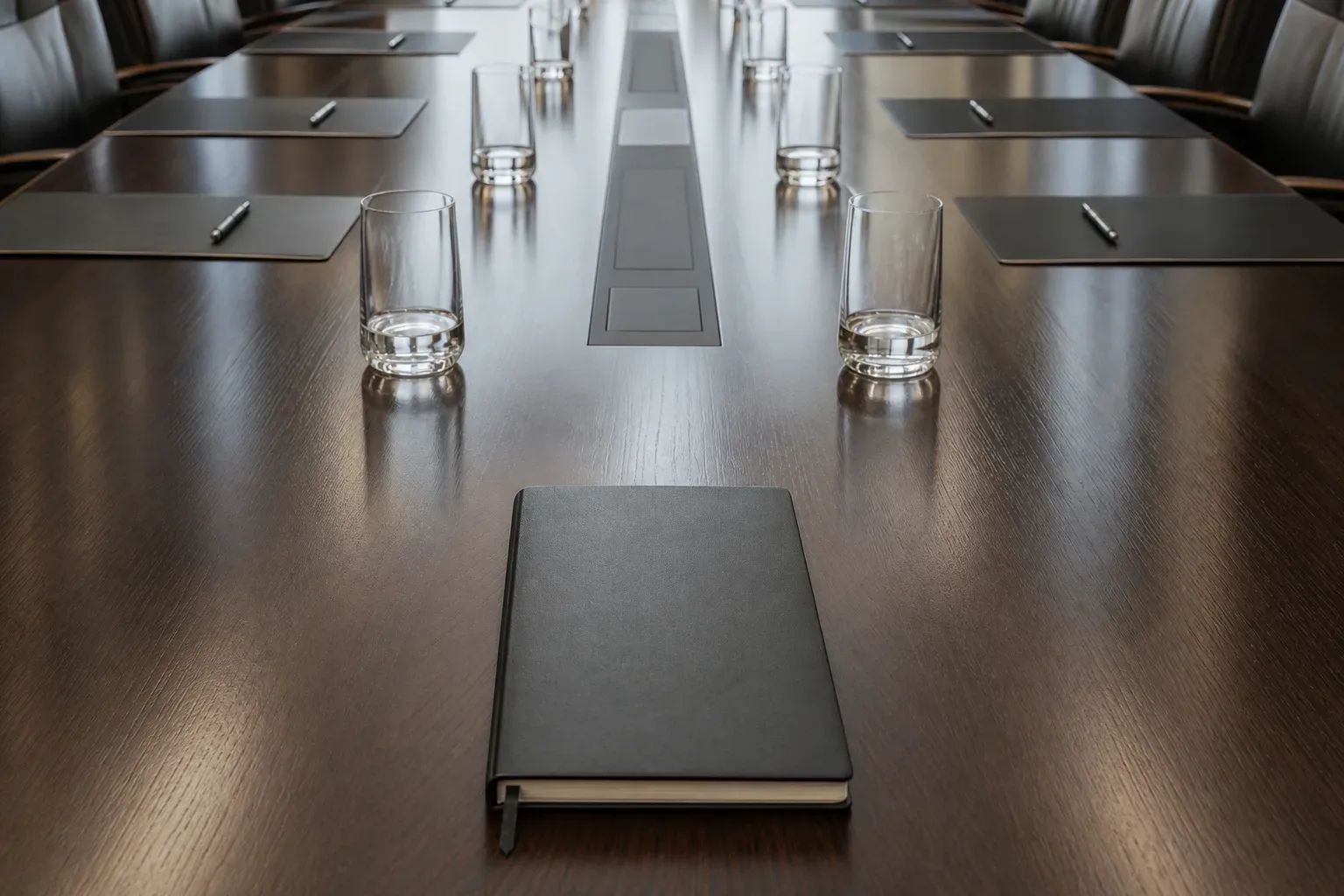 A long polished conference table set for a strategy session, water glasses arranged along its centre, shot as a close-up detail overhead in soft diffuse lighting, a single notepad placed near the near end, no person present, the polished surface catching the diffuse light.