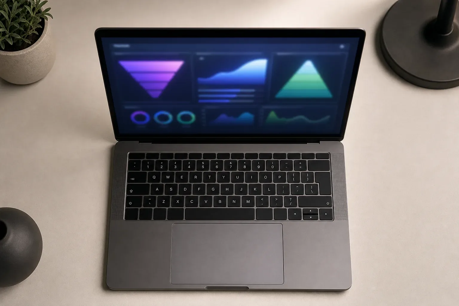 A half-open laptop with a blurred analytics interface glowing on its screen on a clear work surface, shot overhead in close-up soft diffuse lighting, no person visible, the screen showing abstract intent-tier separation panels.