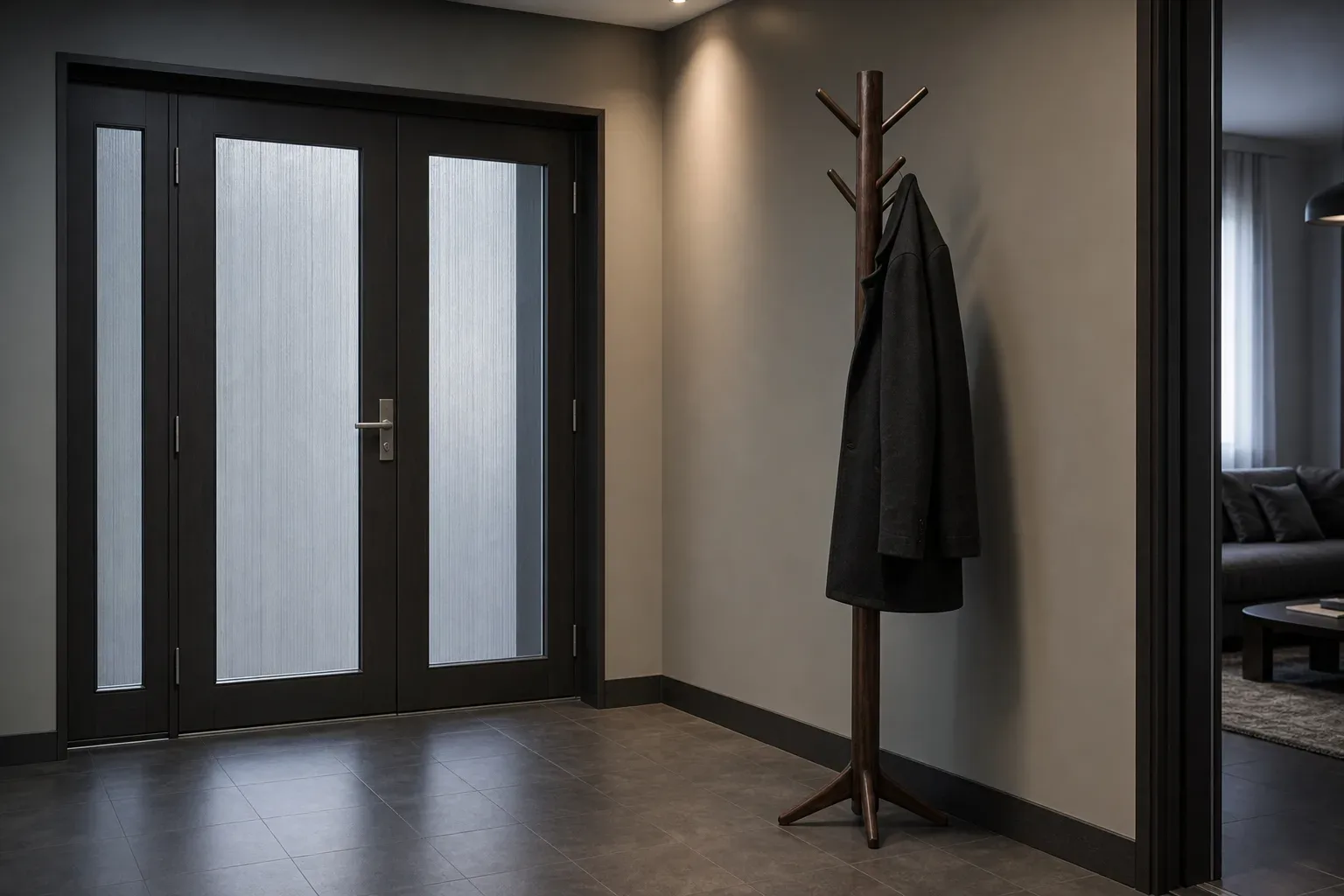 A tall wooden coat stand near a firm entrance with a single dark overcoat hanging from it, a wide view with cool ambient light from above, no person in frame, the coat stand positioned just inside the closed entrance.