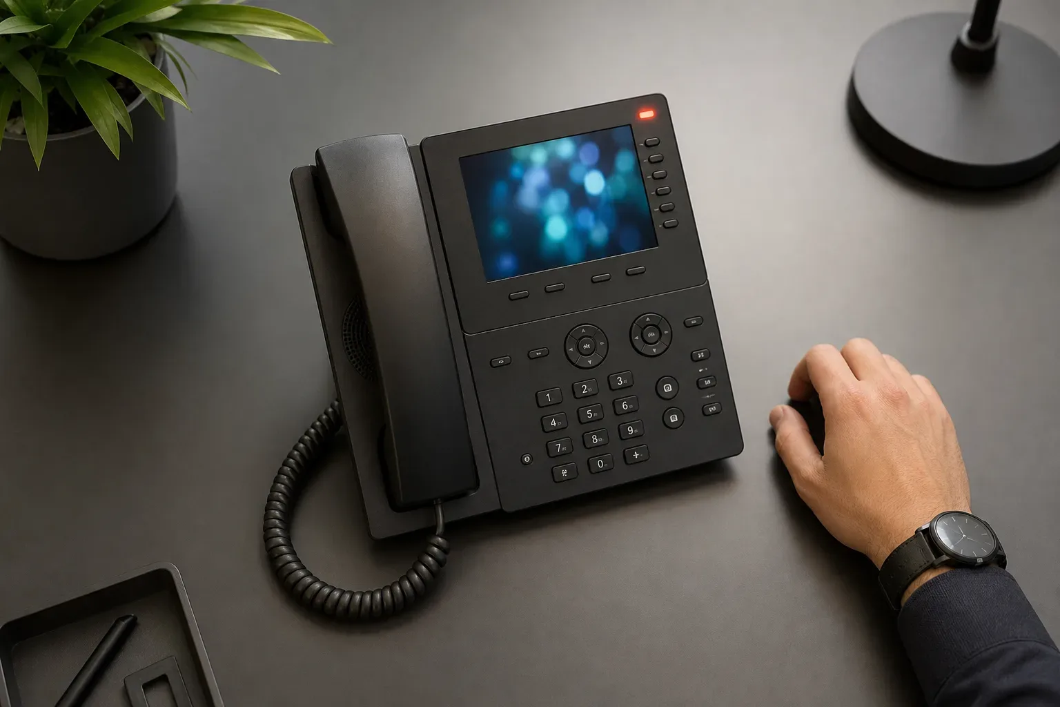 A desk phone with its handset resting in the cradle on a clear desk, seen from above in bright flat light, a PPC campaign manager's hand resting beside the phone, the console's blinking light visible.