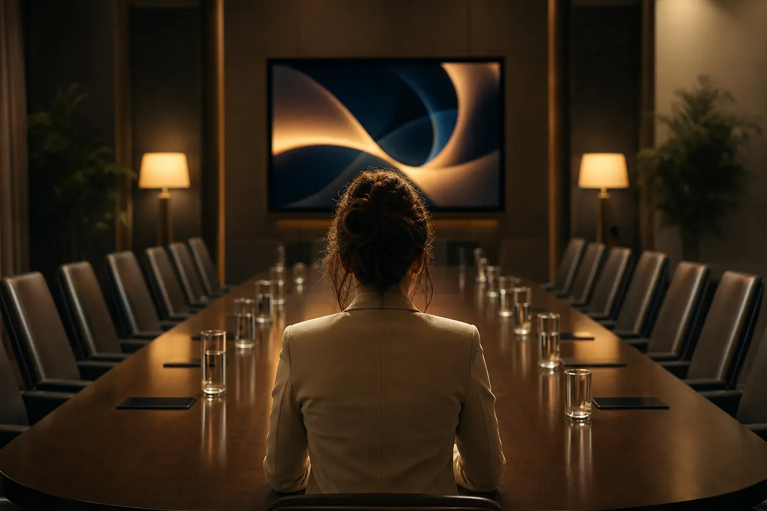 A long polished conference table set for a strategy session, water glasses along its centre, a digital marketing strategist seen from behind centred in warm lamp light, the table receding into the background.