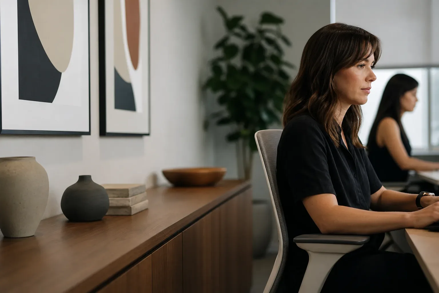 A low timber credenza beneath framed abstract prints in a firm office, a digital marketing strategist in soft side light in the mid distance in sharp focus, a second figure softly blurred behind, the credenza surface visible in the foreground.