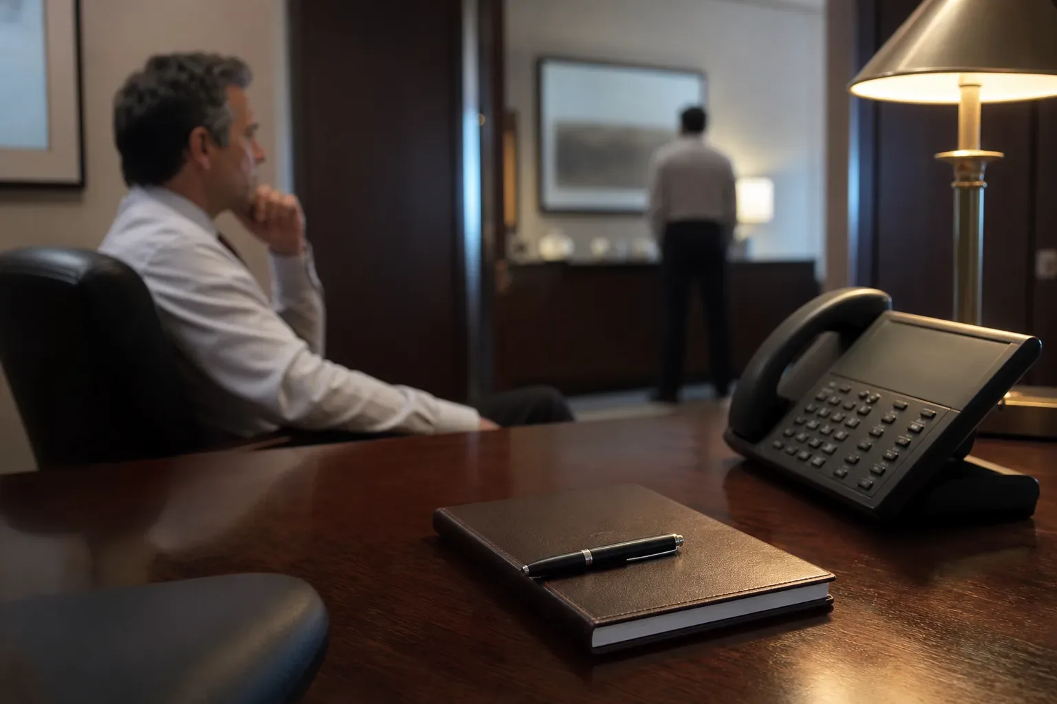 Notebook closed with a capped pen resting across its cover on a clear work surface in a quiet single-person workstation, a desk phone with its handset in the cradle placed to one side, warm lamp light falling across the notebook from the right, a law firm partner partially visible in soft side light in the mid distance, a second figure blurred behind them near the far wall.