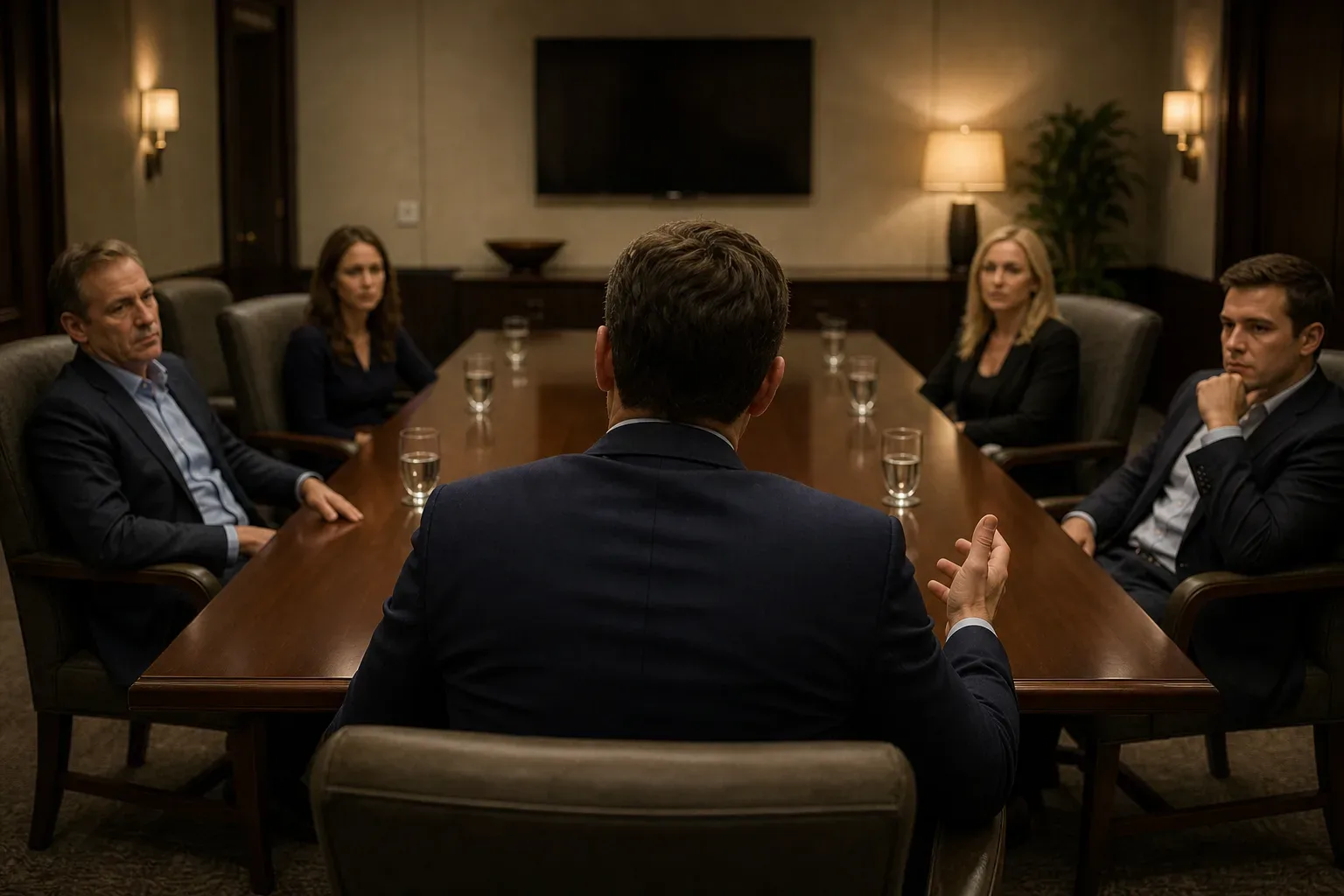 Five people in dark suits sit around a long polished conference table in a warmly lit meeting room, one seen from behind gesturing with their hands while the others listen
