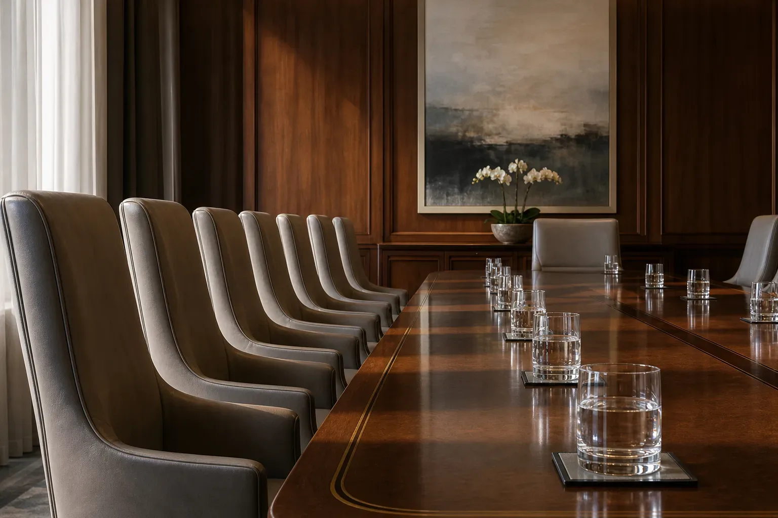 Chairs high-backed and upholstered arranged along one side of a long client meeting table in a timber-panelled meeting room, seen from a low angle in calm even daylight, the table set for a quarterly lunch meeting with water glasses along its centre, the room empty of people, the chairs casting long shadows across the polished surface.