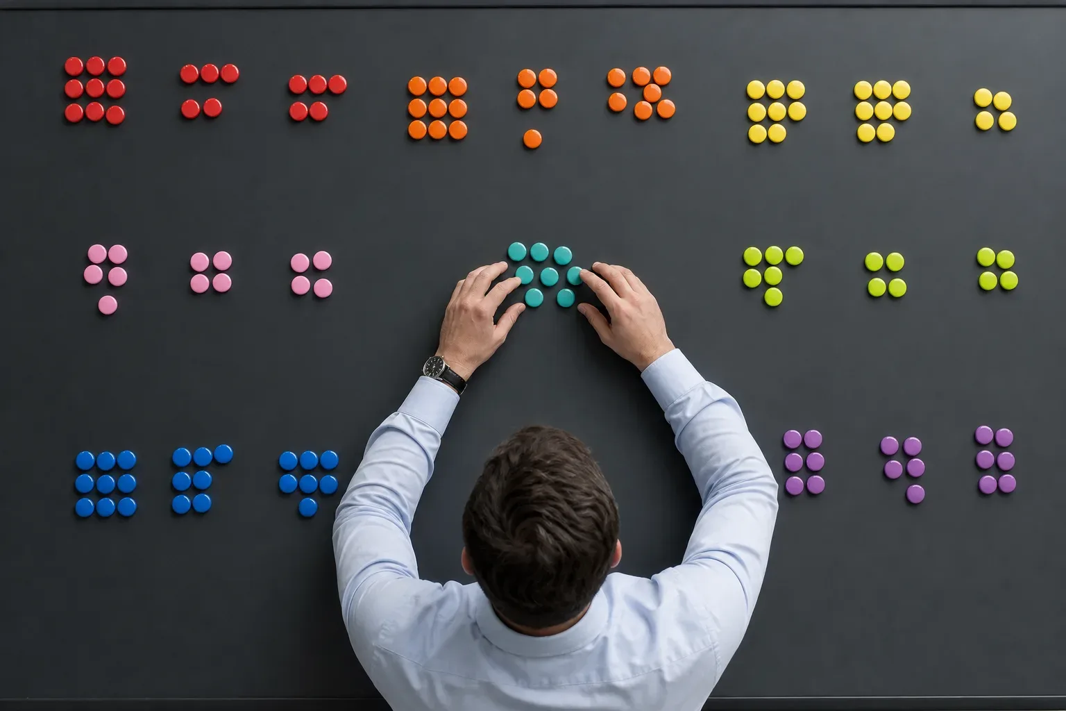 Planning board filled with colour-coded magnetic markers grouped by referral volume and source, a law firm partner's hands seen from above in bright flat light repositioning a cluster of markers to reflect the three contacts who sent the most qualified leads, the board surface stretching across the full frame with no text visible anywhere.