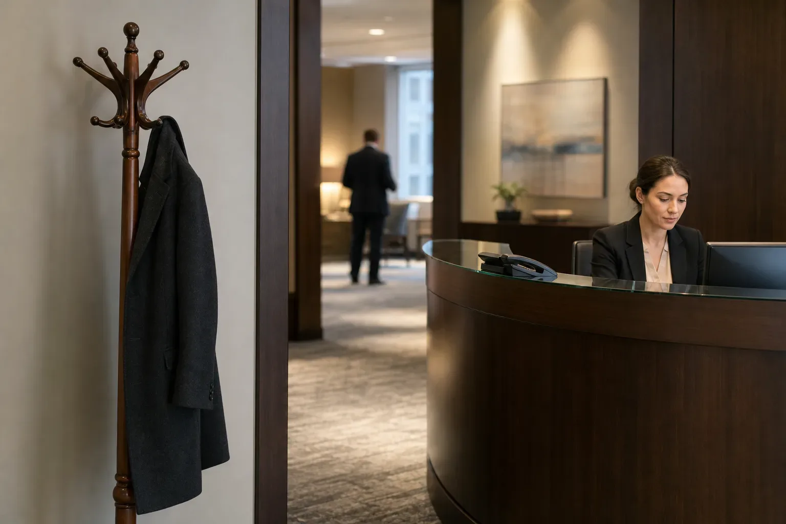 Coat stand tall and wooden positioned near a law firm reception entrance, a single dark overcoat hanging from it, seen in a mid shot with soft side light, an office manager in sharp focus at the mid distance behind the reception counter, a second figure softly blurred further inside the carpeted reception area, the counter surface holding a desk phone with its handset in the cradle.