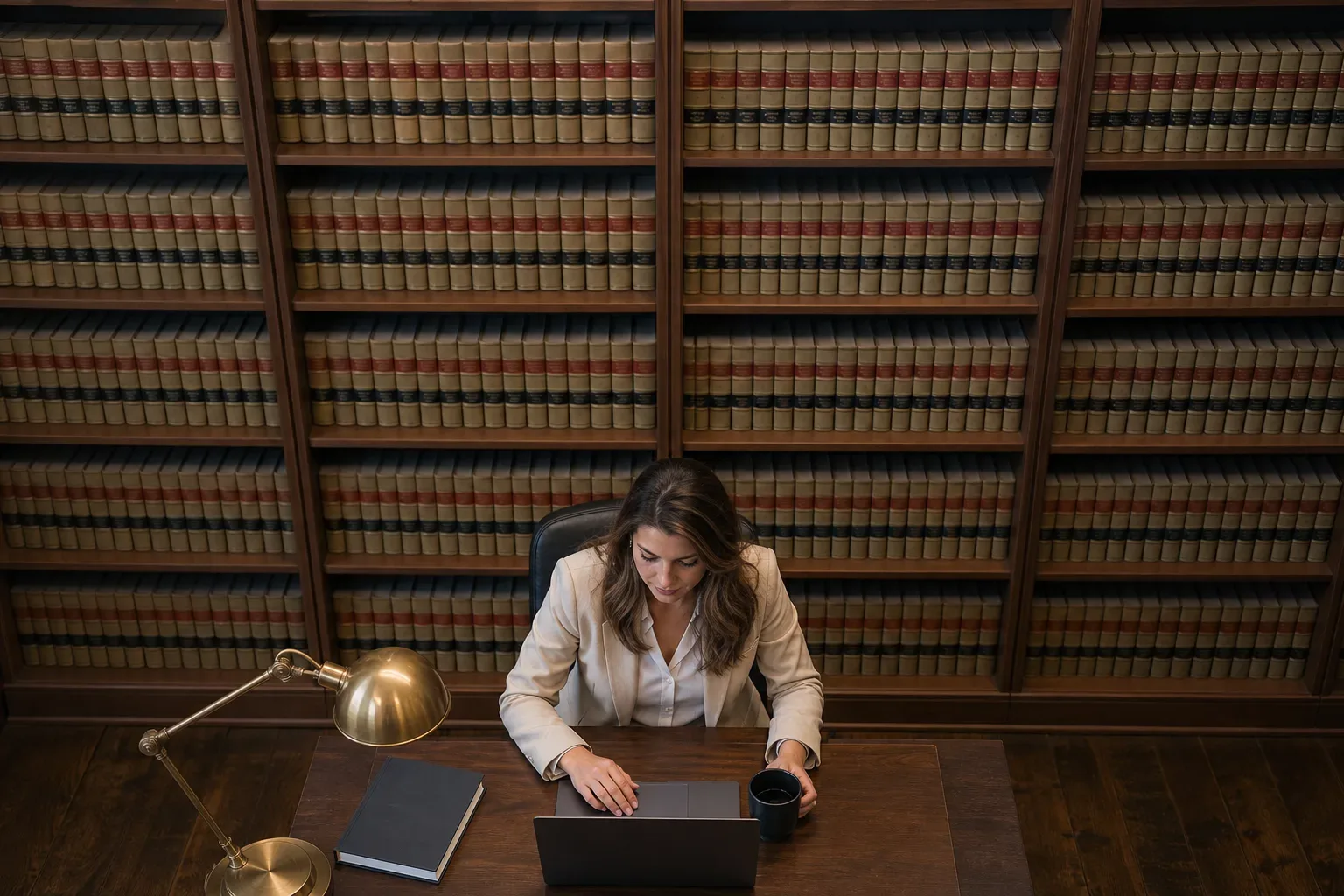 A floor-to-ceiling shelf of uniform bound law reports in a firm library, seen from above in bright flat light, a digital marketing strategist's hands visible at the base of the frame reviewing materials beside the shelf, the volumes filling the background.