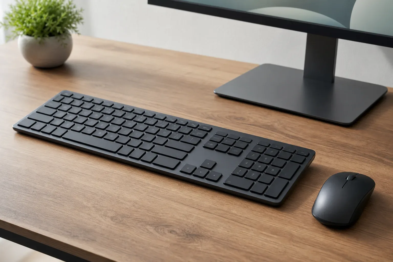 A full-size external keyboard and mouse on a clean desk, shot from a low angle looking upward in calm even daylight, no person in frame, the keyboard and mouse in precise position under even light.