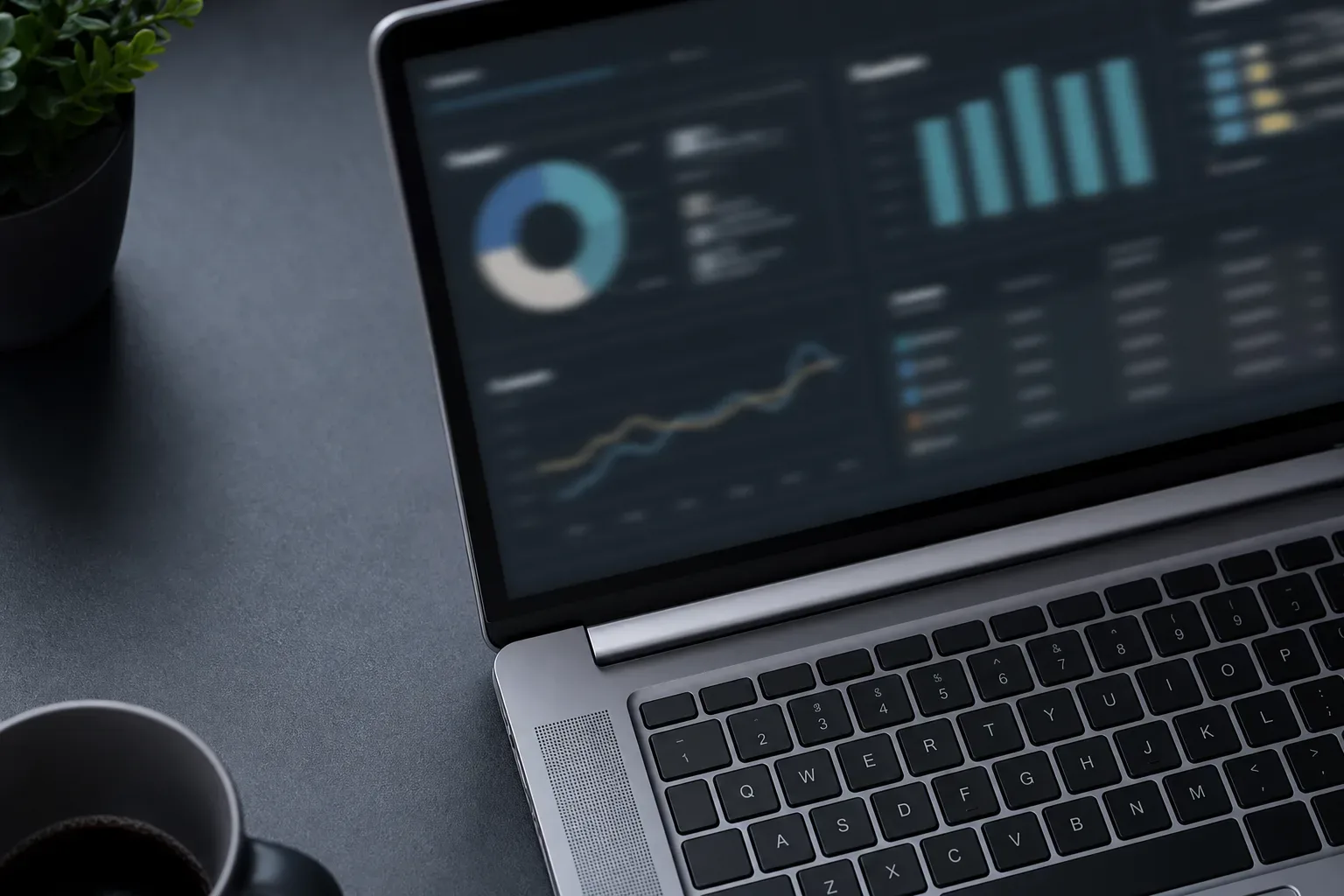 A half-open laptop with a blurred analytics interface glowing on its screen on a clear work surface, shot as a close-up detail overhead in soft diffuse lighting, the screen showing abstract channel comparison panels for a legal retargeting campaign, no person in frame, the laptop hinge catching the diffuse light.