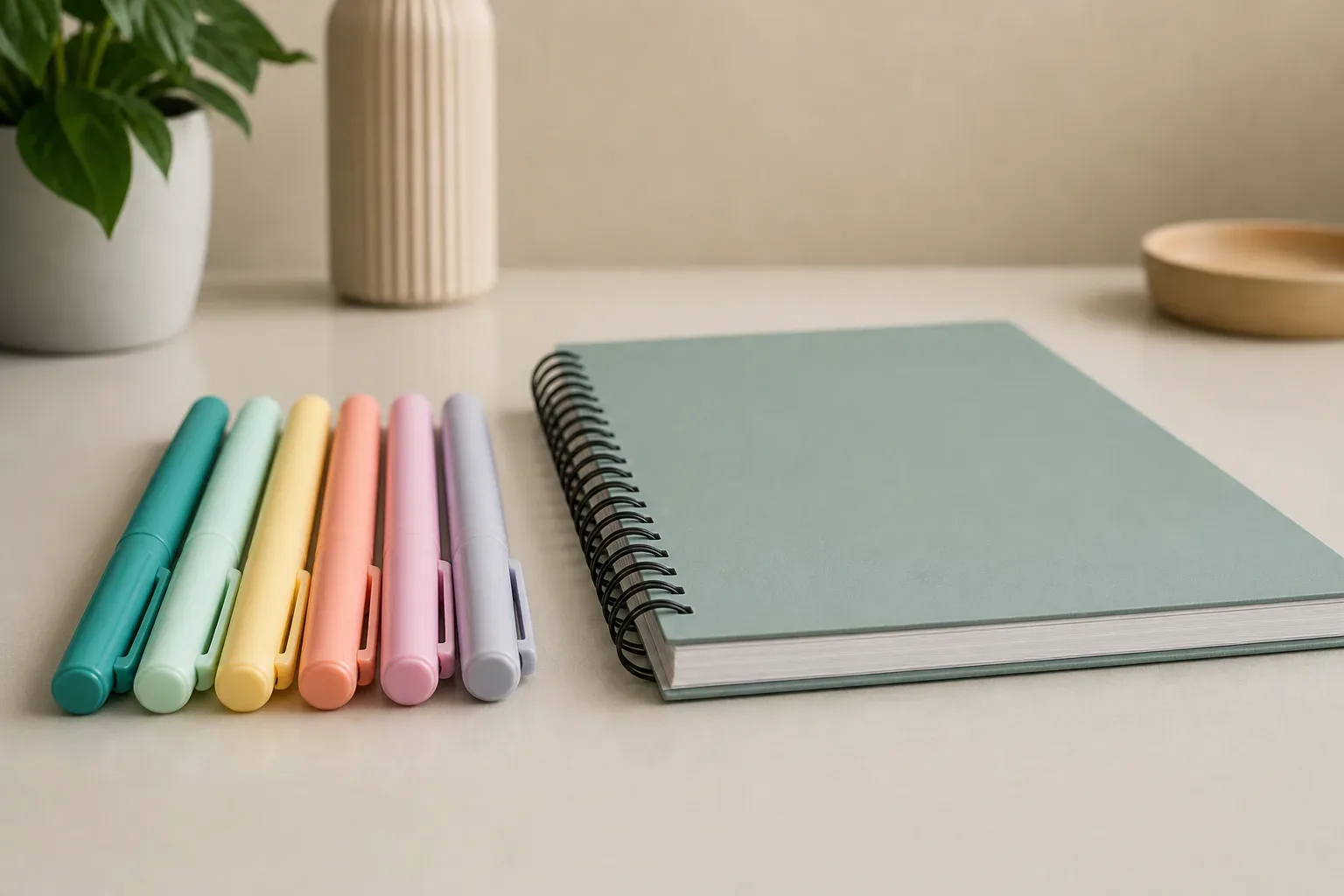 A set of capped markers lined up beside a closed spiral-bound planning pad on a clear work surface, shot from a low angle looking upward in calm even daylight, no person in frame.