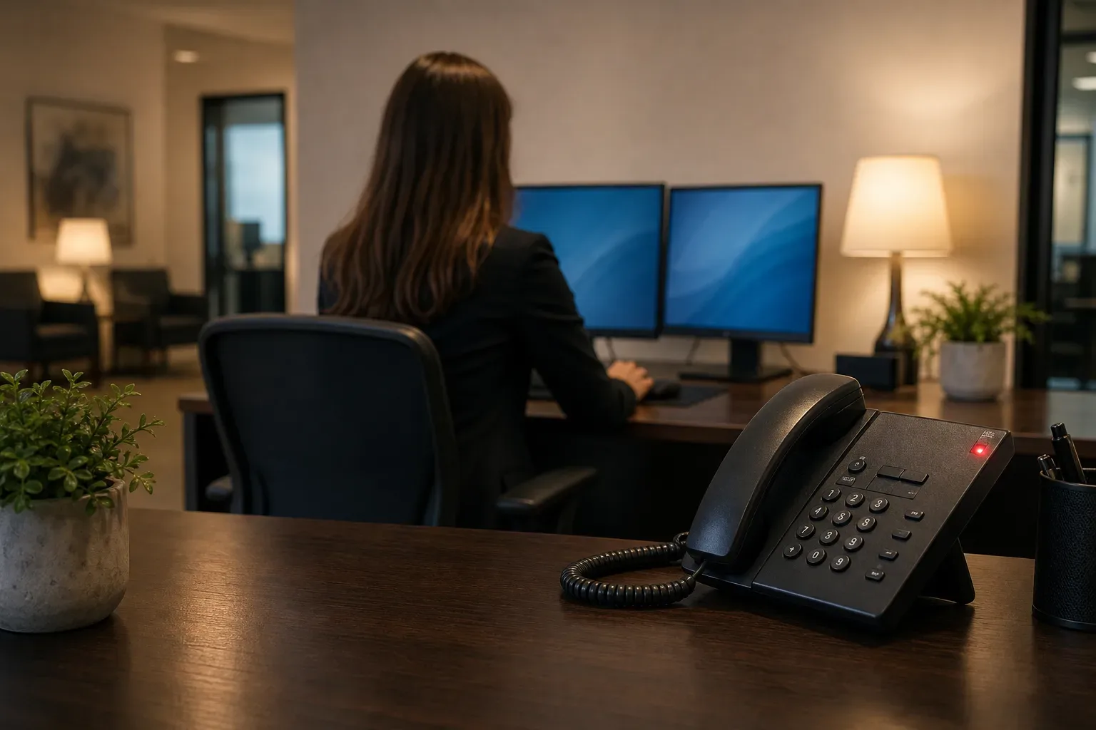 A desk phone with its handset resting in the cradle and a blinking light visible on the console, a paralegal seen from behind centred in warm lamp light, the phone on the desk surface in the foreground, the intake office receding behind the paralegal's figure.